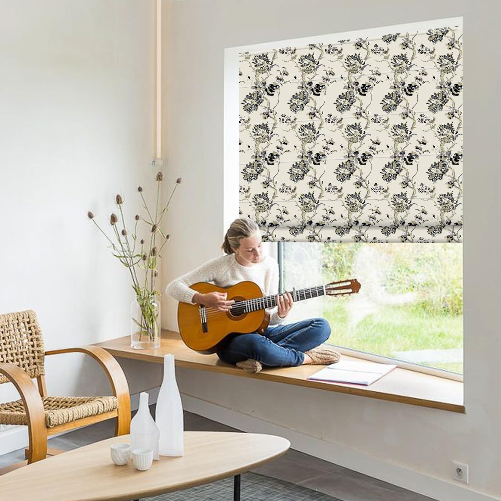 Sunbox Cordless Roman Shades, European Classical Prints Fabric, Washable Custom Roman Window Shades for French Doors, Kitchen, Living Room