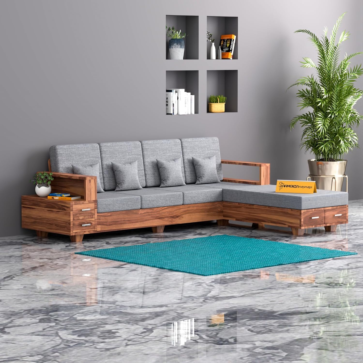 Sheesham Wood L Shape Sofa Set for Living Room with Storage Drawers and 40 Density Cushion | Solid Wooden Corner Sofa Set with Grey Fabric Upholstery-image-12