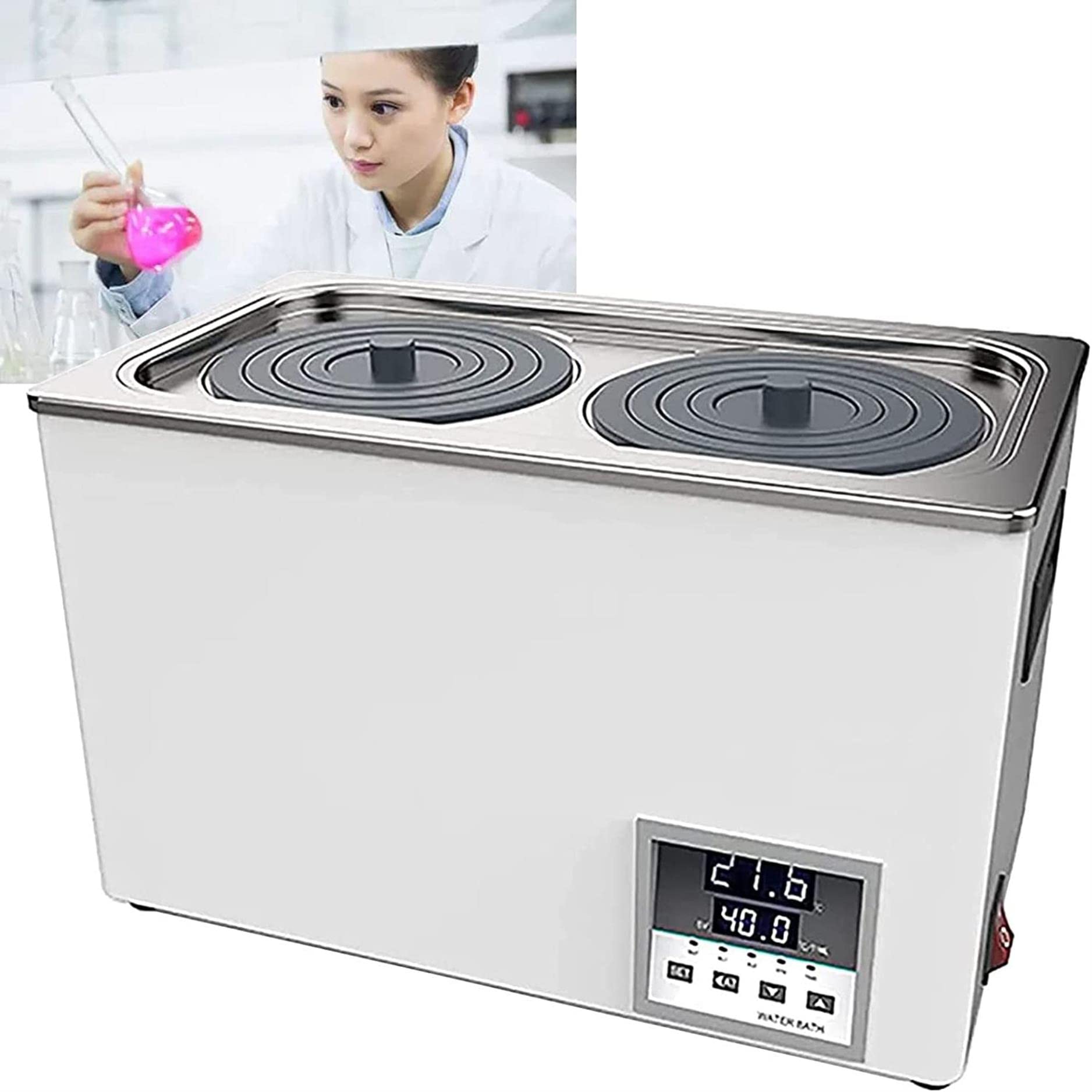 Baño María termostático Digital de Laboratorio de Doble Orificio, RT 5–99,9 °C, Tanque Interior de Acero Inoxidable Calefacción eléctrica Baño María termostático poroso, 0–999 Minutos Temporizador