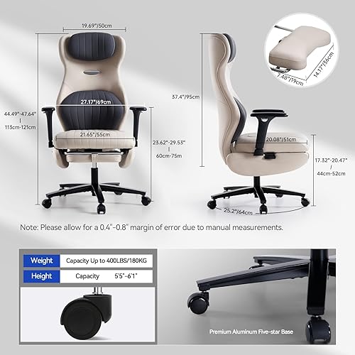 Miniatura 3 de EMIAH Silla de oficina ergonómica con reposapiés, silla de oficina reclinable con brazos ajustables y reposacabezas, silla de juegos de respaldo