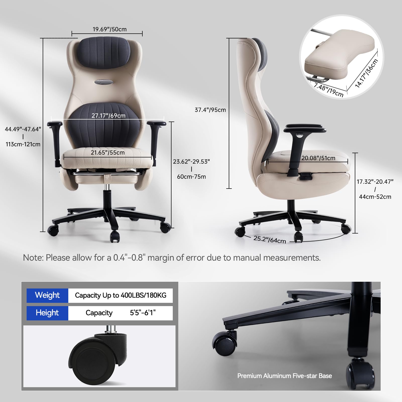 EMIAH Silla Oficina Ergonómica, Silla de Escritorio Reclinable con Reposapiés, Reposabrazos Ajustables, Silla Game de Respaldo Alto, Silla de Ordenador Ejecutiva con Soporte Lumbar, Cuero PU (Blanco)