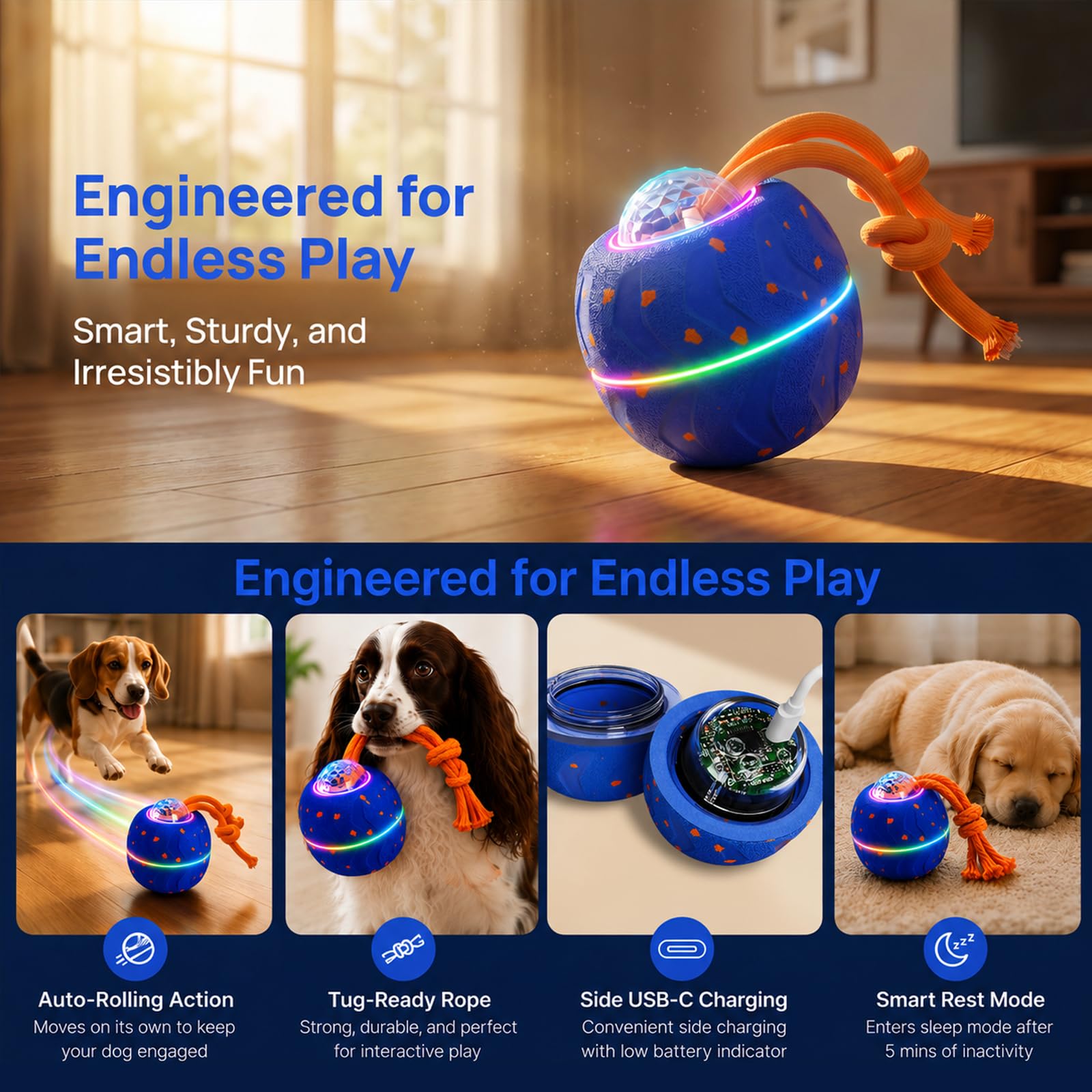 Pallina Interattiva per Cani, Palla Interattiva 3 Modalità, E-TPU, Ricarica USB-C, Sicura Anti-ingestione, Per Cani Piccoli e Grandi (Blu)