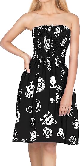 Women's Halloween Beach Pirate Party Halter Caribbean Pirate knee Length Smocked Dress Flowy Tube Top Dresses