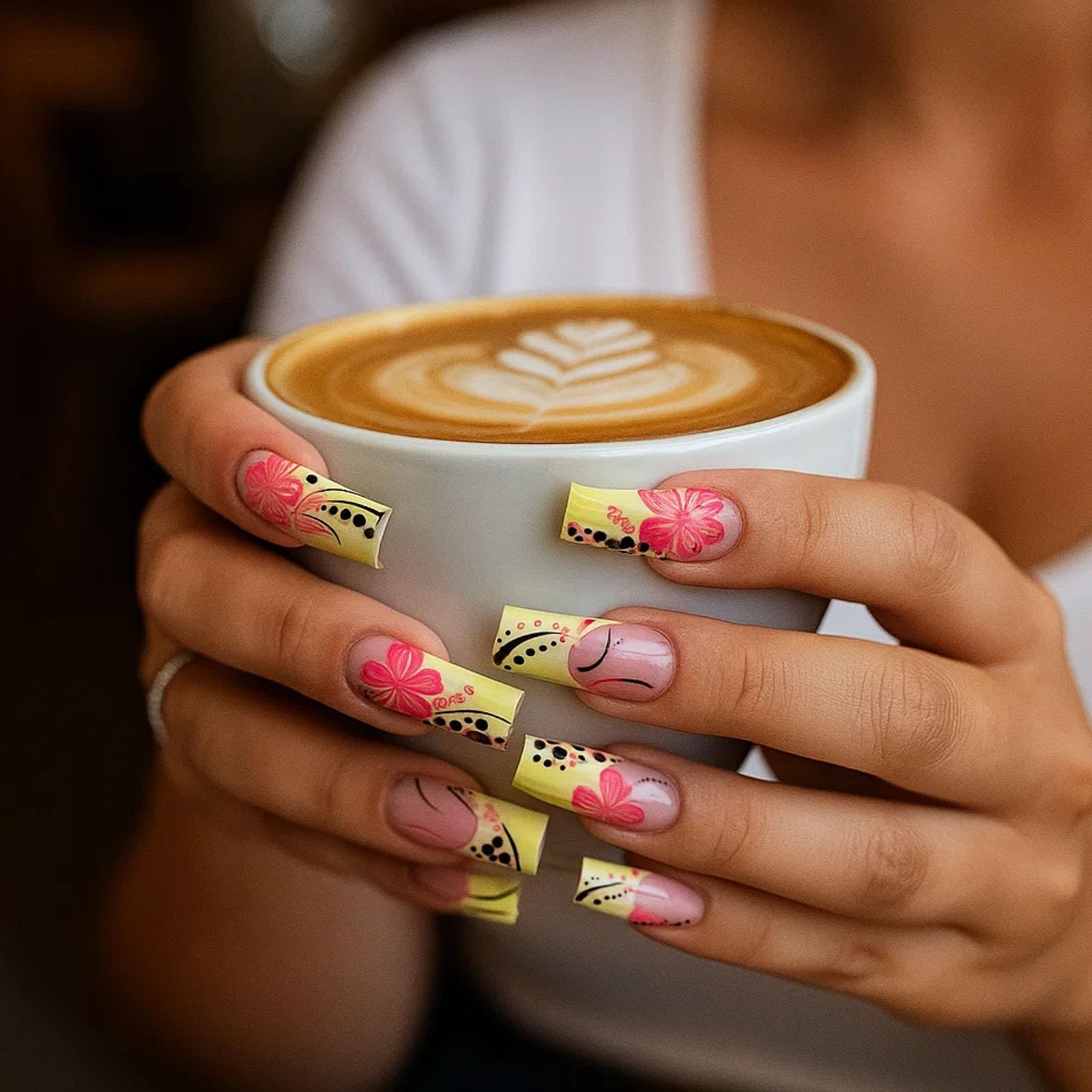 Japanese Floral Design Long Coffin Press On Nails With Pink Blossoms And Black Polka Dots - Image 2