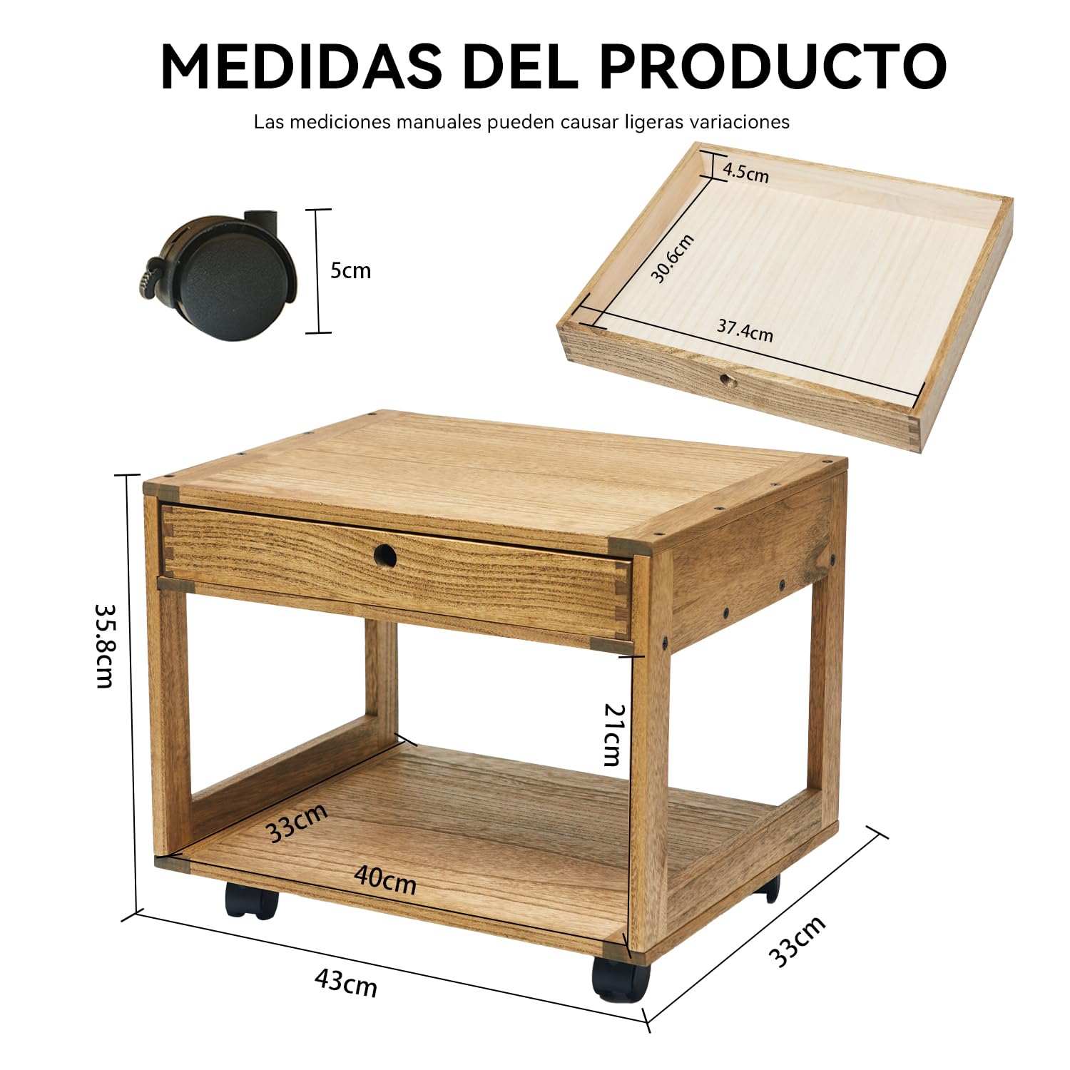 KIRIGRN Estantería Para Impresora De Madera De Paulownia Con Ruedas, Base De Impresora Con Cajón Y Compartimento, Soporte Móvil Con Espacio De Almacenamiento