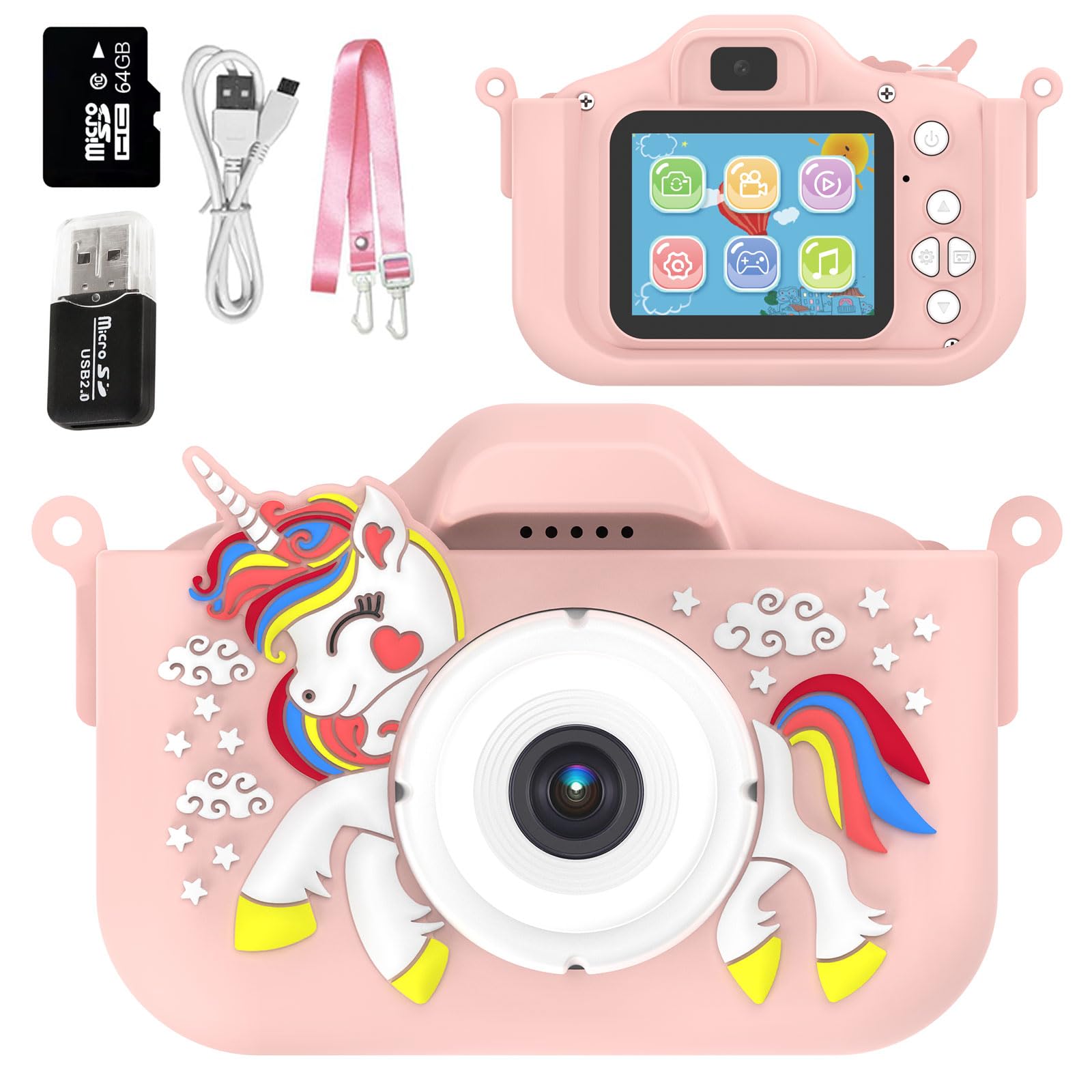 Kids Camera Toys,48MP Dual Lens with 64G SD Card and Cartoon Soft Cover for 3-8 Year Old Girls Boys (PinkDJS)