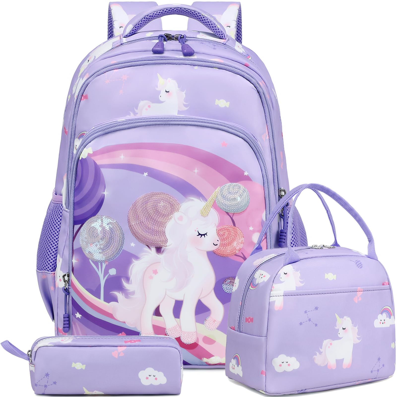 Kimwadalh Kinder Rucksack Einhorn,Niedlich Mädchen Kinderucksack Grundschule Schulranzen Kinder Mädchen Schultaschen 3 TLG. Sets für Schule 1-3 Klasse,Reisen Wandern