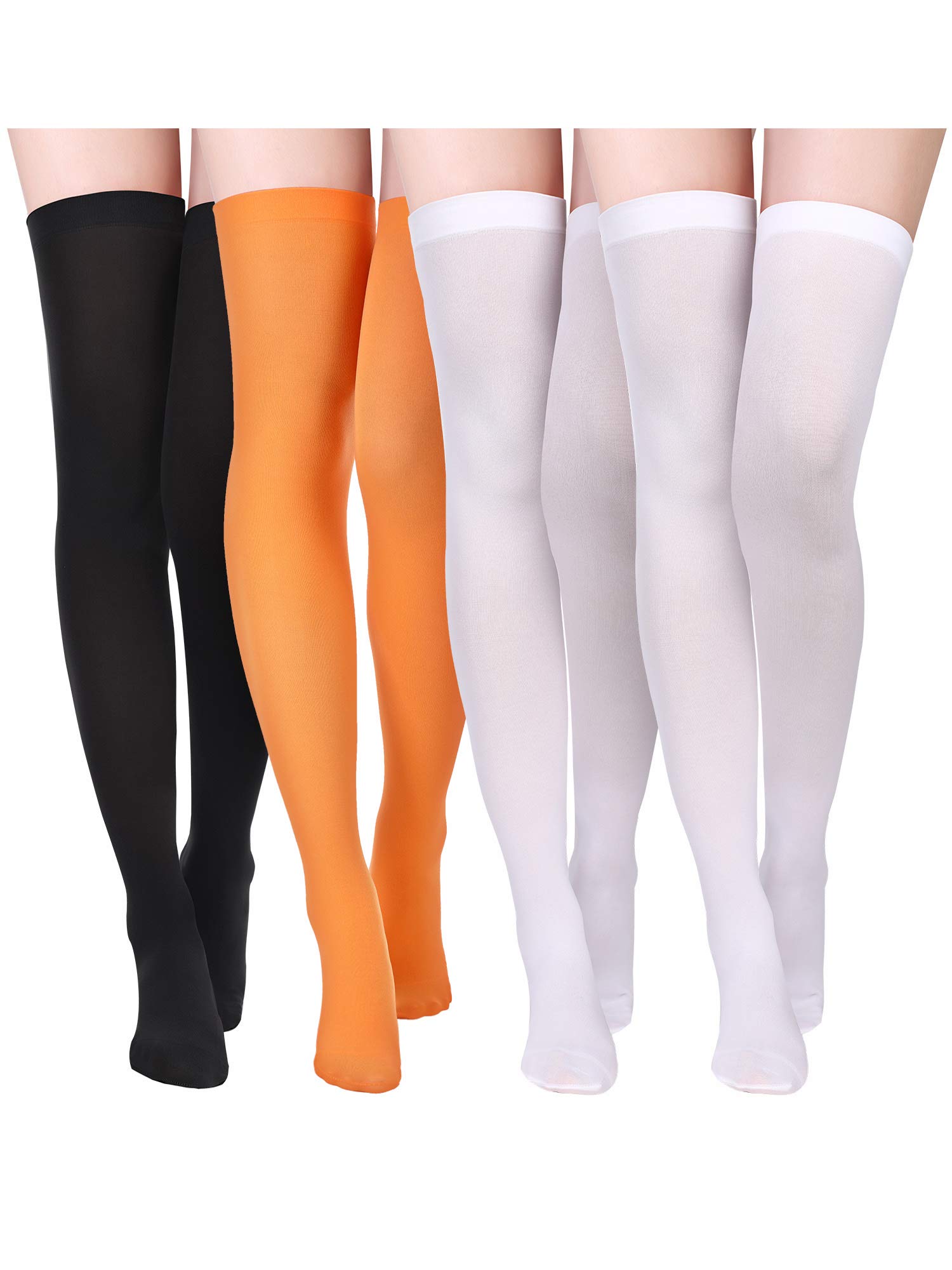 Boao Women's Black, White, Orange 4 Pairs Silk Thigh High Stockings Nylon Socks For Halloween Cosplay Costume Party Tights Accessory (,F Size)