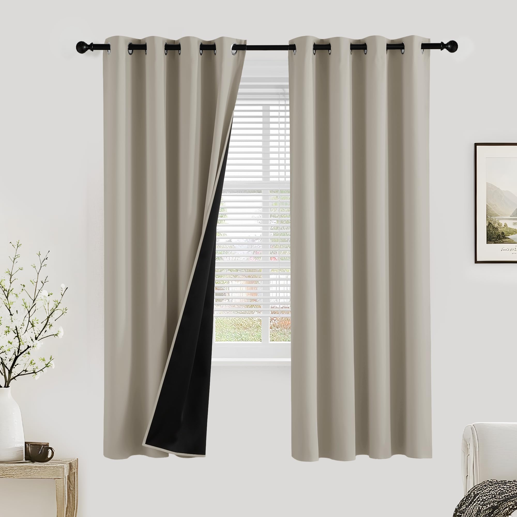 PONY DANCE 100% Blackout Curtains for Bedroom - Thermal Insulated Full Blackout Eyelet Curtains & Drapes Heat and Light Blocking Panels for Living Room with Black Liner 2 Pcs, 52 x 72 Inch, Natural