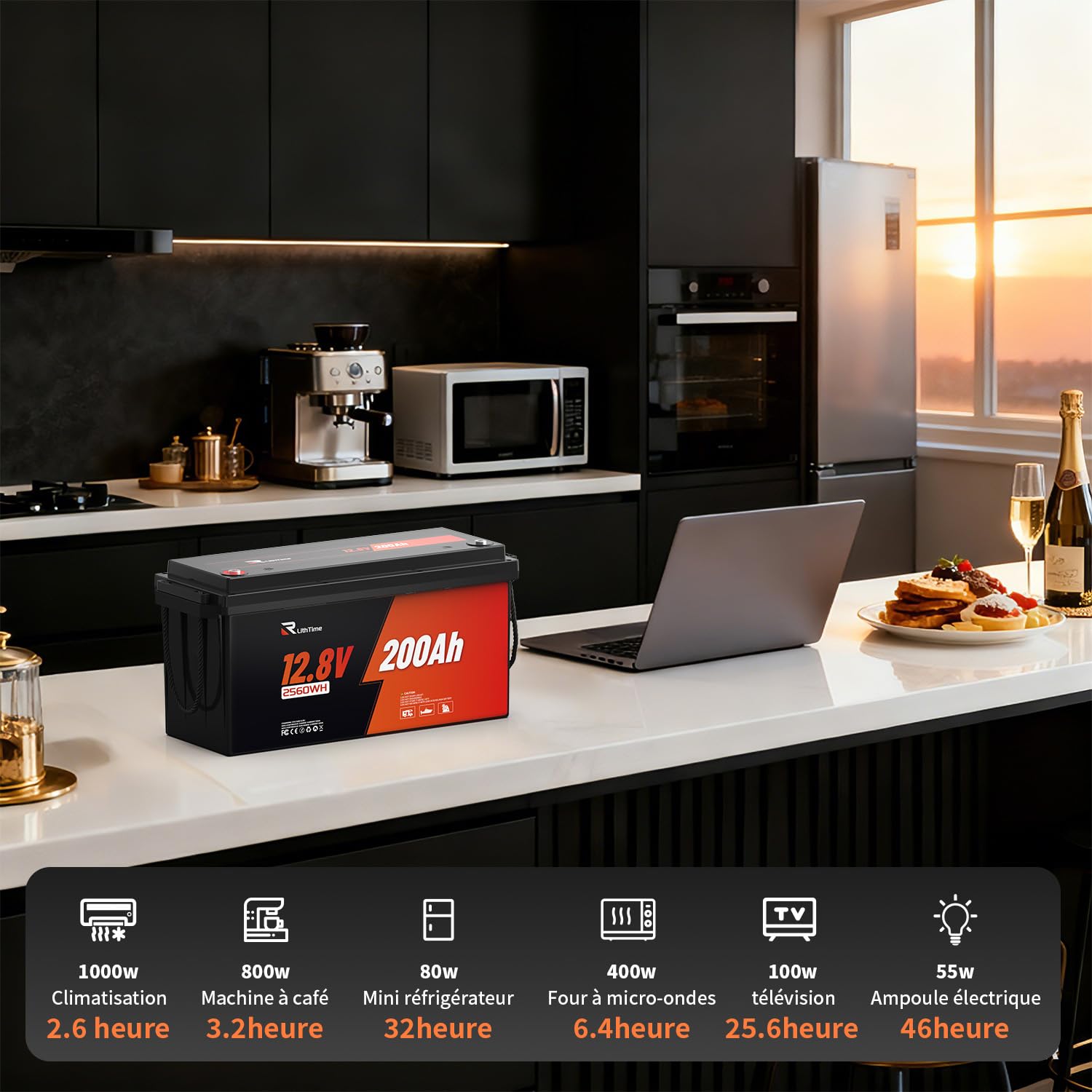 Batterie Lithium 12V 200Ah, Batterie LiFePO4 avec Rendement 98%, BMS 200A, IP65, 4500-16000 Cycles, Faible Autodécharge 3% pour Camping-Cars, Bateaux et Installations Solaires