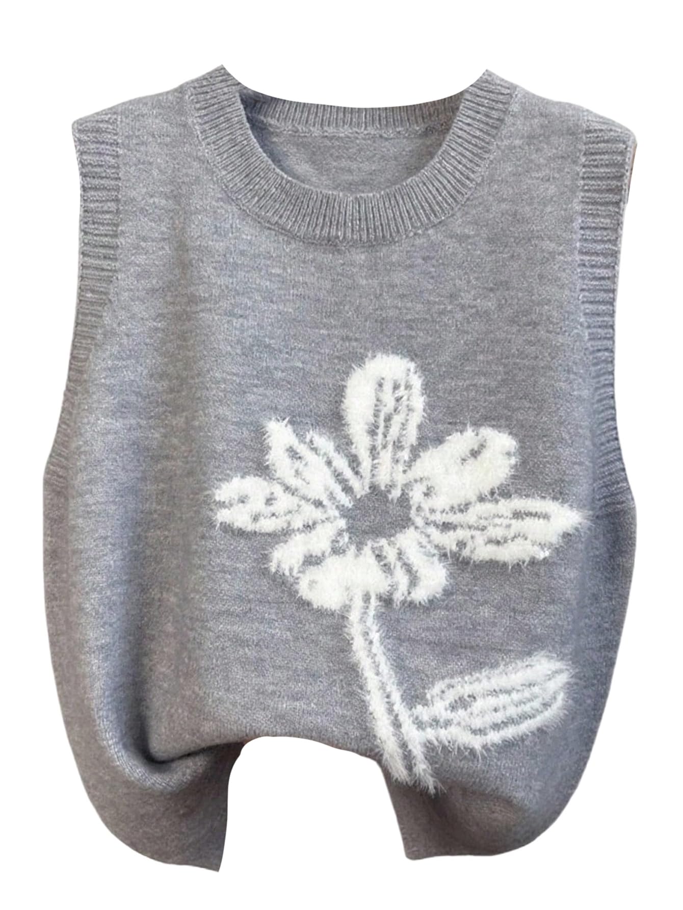 SweatyRocks Womens Floral Print Sweater Vests Crew Neck Fuzzy Knit Pullover Tank Tops