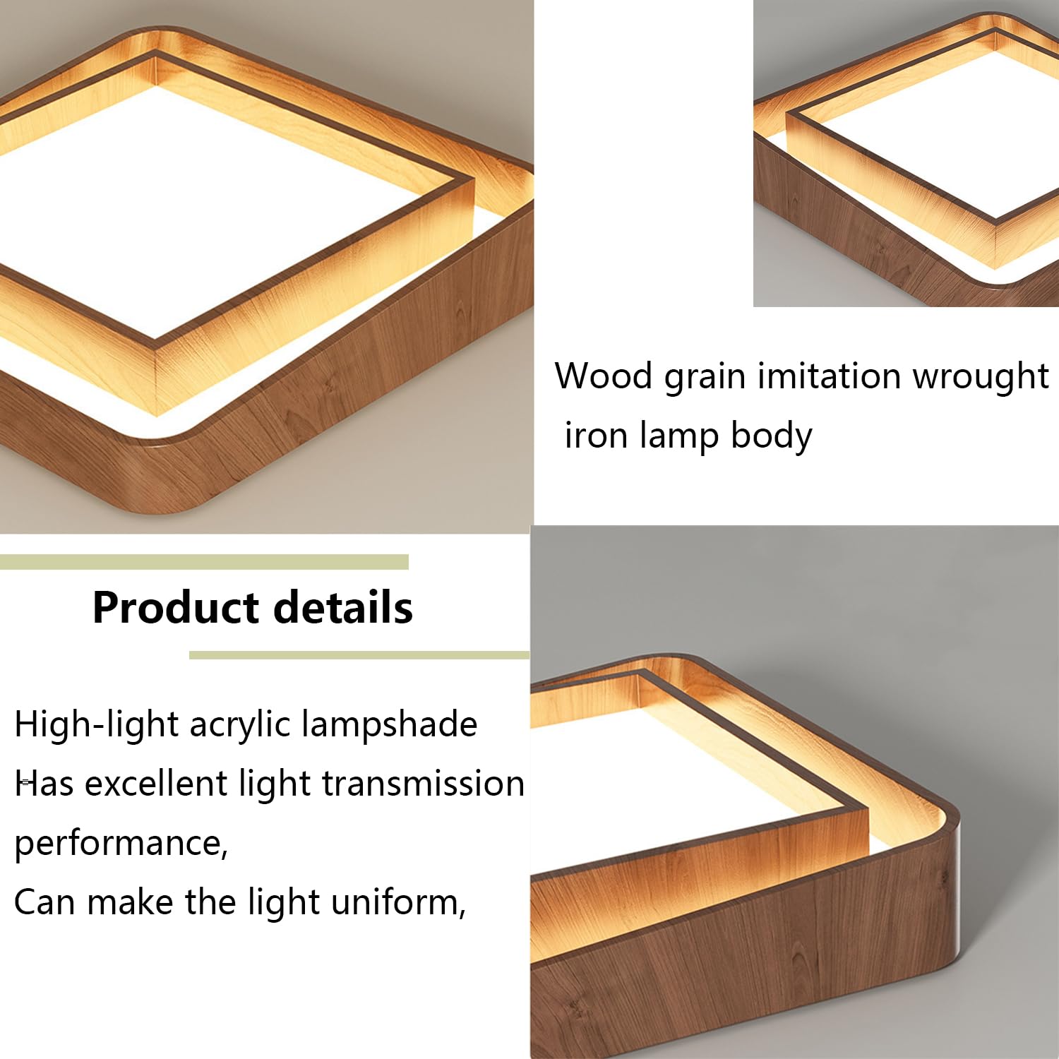 Lámpara Techo LED Metal Con Panel Cuadrado, Imitación Madera.