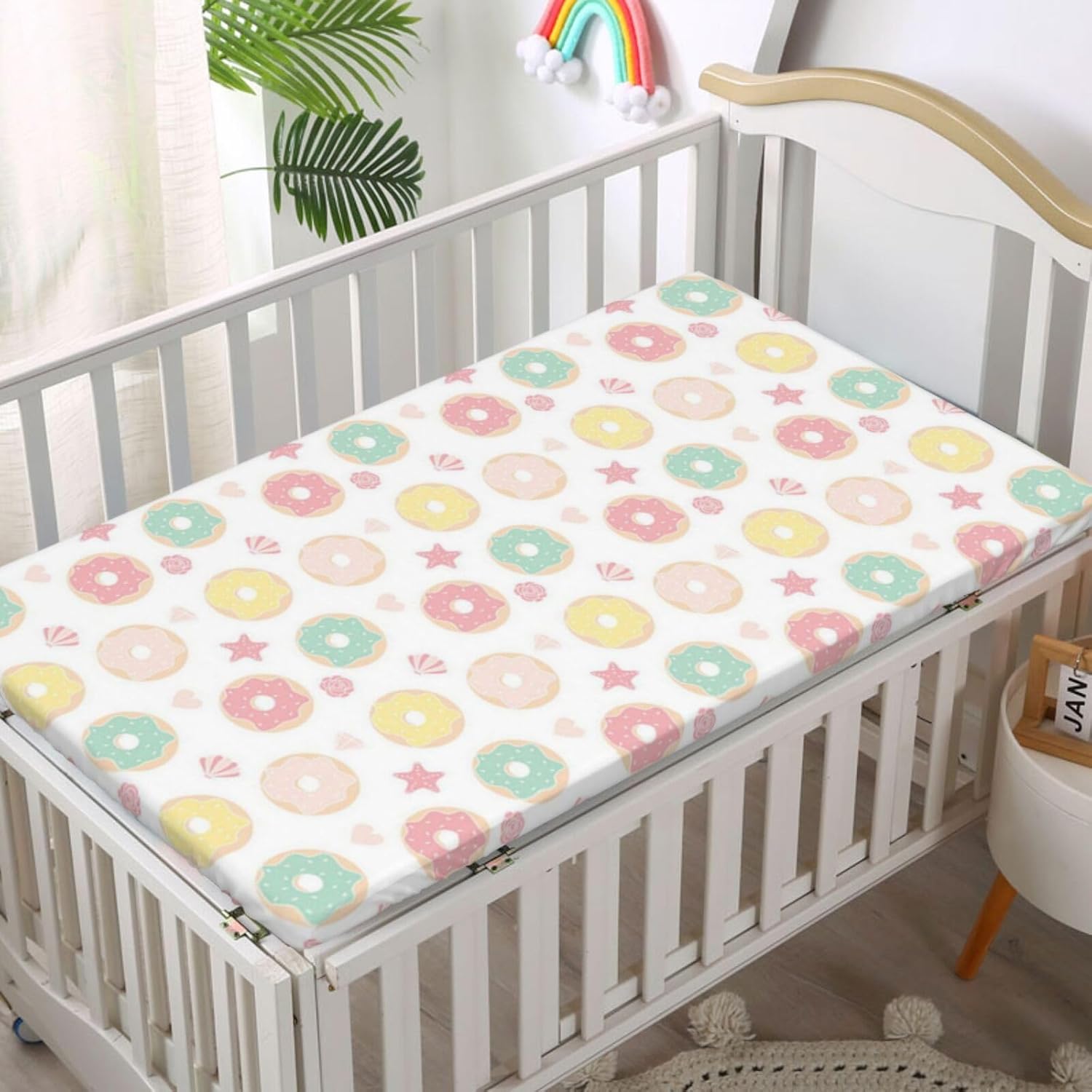 Donut Themed Fitted Crib Sheet,Standard Crib Mattress Fitted Sheet Soft Toddler Mattress Sheet Fitted - Baby Sheet for Boys Girls,28“ x52“,White Multicolor