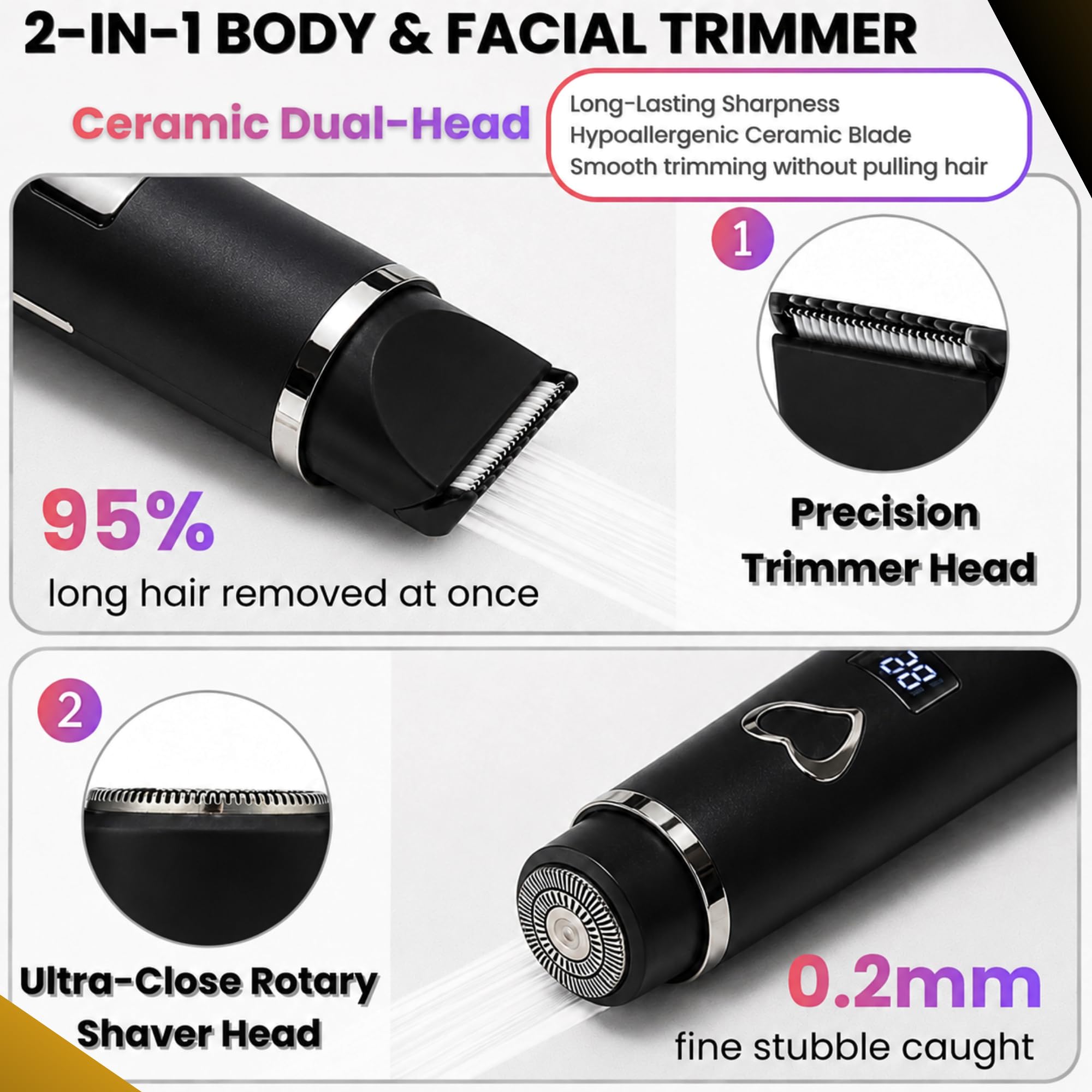 Elektrischer Rasierer für Damen und Herren, Bikini-Trimmer & Gesichtshaarentferner, wiederaufladbarer Körperrasierer mit Keramikklinge, wasserdicht, LED-Display, USB-C, Reiseschloss, Groomer Geschenk