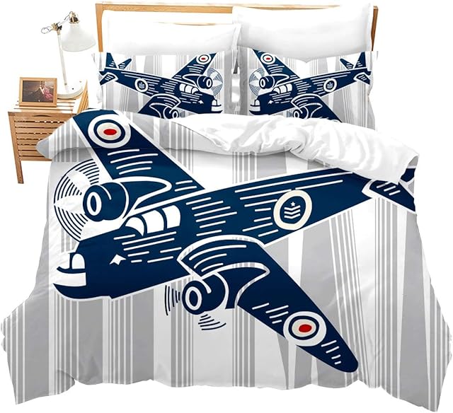 Boys Duvet Cover Set Single Size for Kids Child Teens Men Aviation Aircraft Decoration Gift Blue Airplane Comforter Cover with 1Pillow Shams Zipper Ultra Soft Microfiber Children Quilt Cover