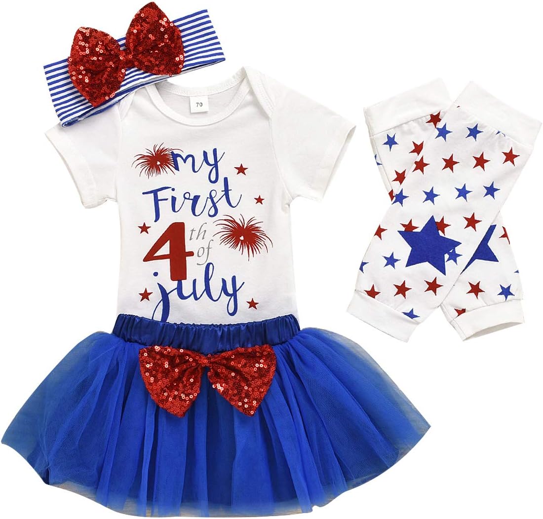 XFGLCK Newborn Baby Girl 4th of July Outfits Short Sleeve Romper +Tutu Tulle Skirt + Headband Leg Warmer Independence Day Set
