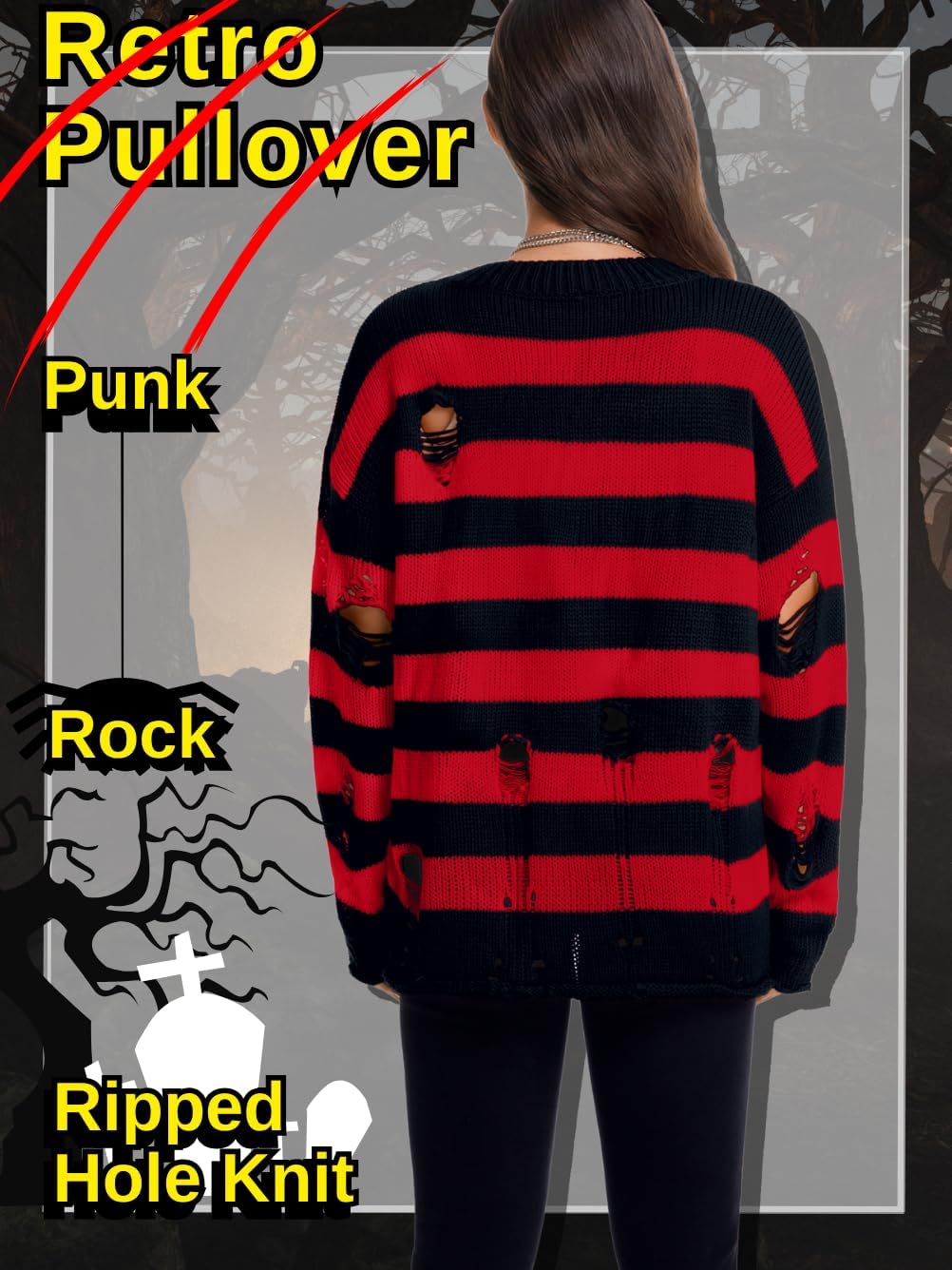 Women's Goth Ripped Sweaters, Oversized Long Sleeve Crewneck Striped Knit Pullover Sweater for Halloween - Image 3
