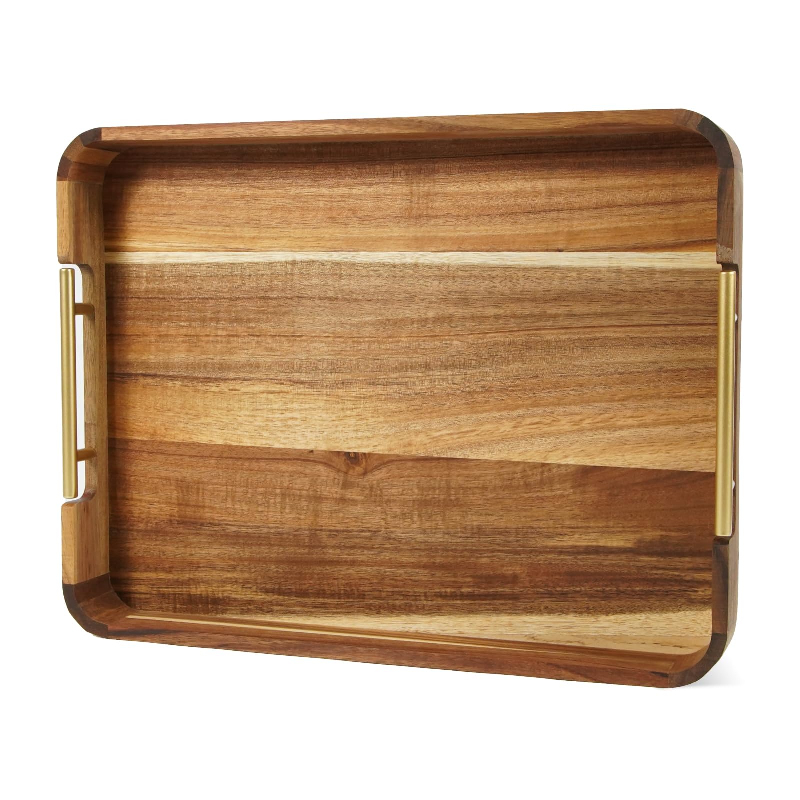 Vassoio da portata in legno di acacia con manici in metallo, vassoio decorativo naturale per ottomana, cucina, 43 x 33 cm, per tavolino, colazione, cena e bar, vassoio decorativo naturale per