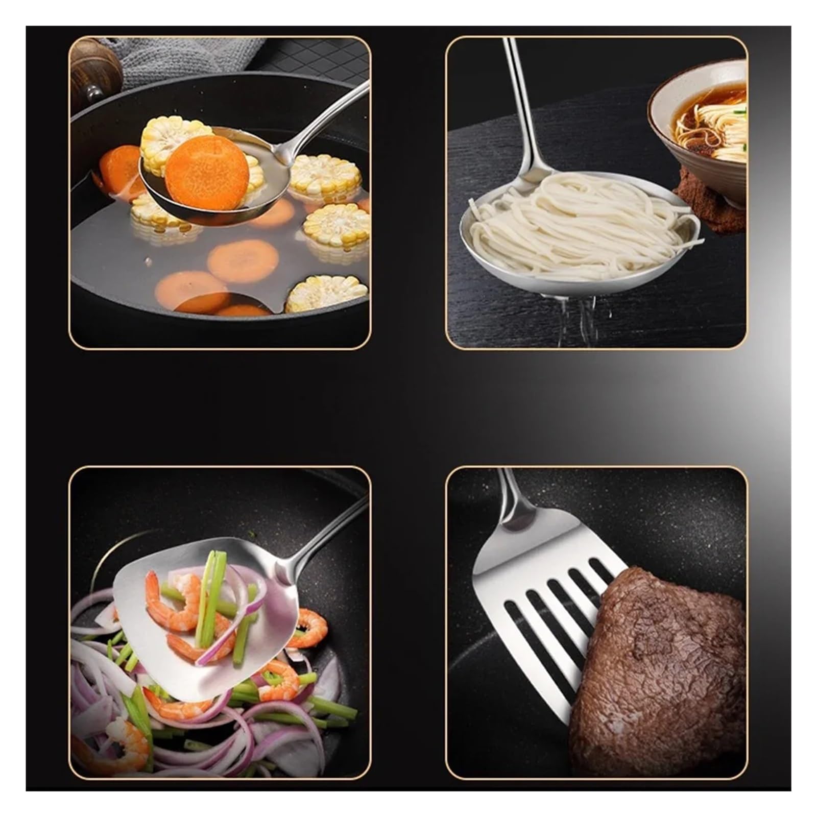 4 espátulas de acero inoxidable con mango de madera, cuchara de cocina, utensilios de cocina, utensilios de cocina, utensilios de cocina
