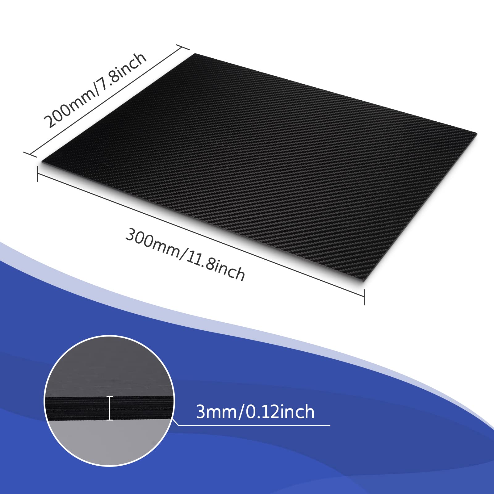 Láminas de fibra de carbono FAKILO 200 X 300 X 3 MM Placa de fibra de carbono 100% 3K Twill Mate Disponible en 1 mm 2 mm 3 mm de espesor - Resistente al agua y a los rayos UV