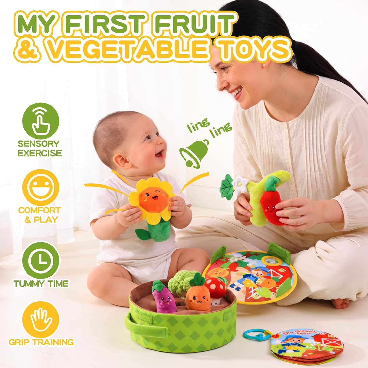 Montessori Toys for Babies 6-12 Months, Plush Vegetable Garden Sensory Sorting Toy with Storage Base, Soft Plush Farm Harvest Game for Fine Motor Skills, Perfect Baby Boys Girls Gift 0-2 Year Old