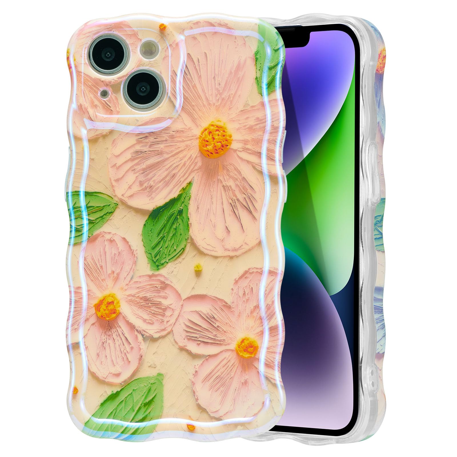 EYZUTAK Case for iPhone 15, Colorful Retro Oil Painting Flower Laser Beam Glossy Pattern Cute Curly Waves Border Exquisite Phone Cover Stylish Durable Soft TPU Protective Case for Girls Women - Green — view 48