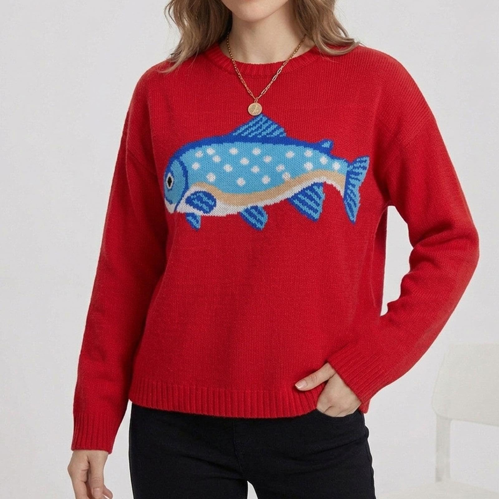 Jersey Punto Extralargo Cuello Redondo Gráfico Peces Océano Y2K Oversize
