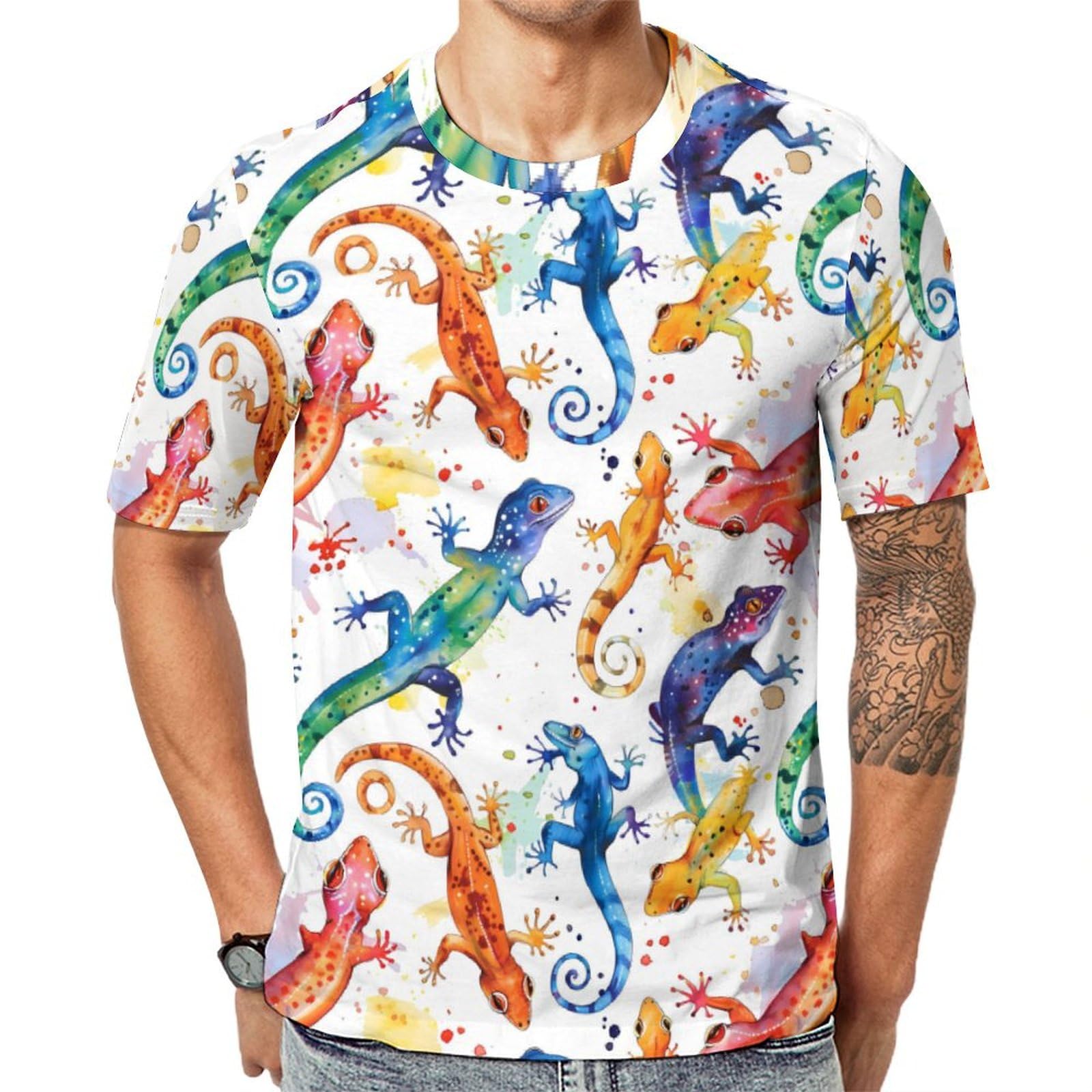 Colorful Lizards Geckos Watercolor Unisex Adult T-Shirts Summer Short Sleeve Tee Casual Tops Funny Graphic XL