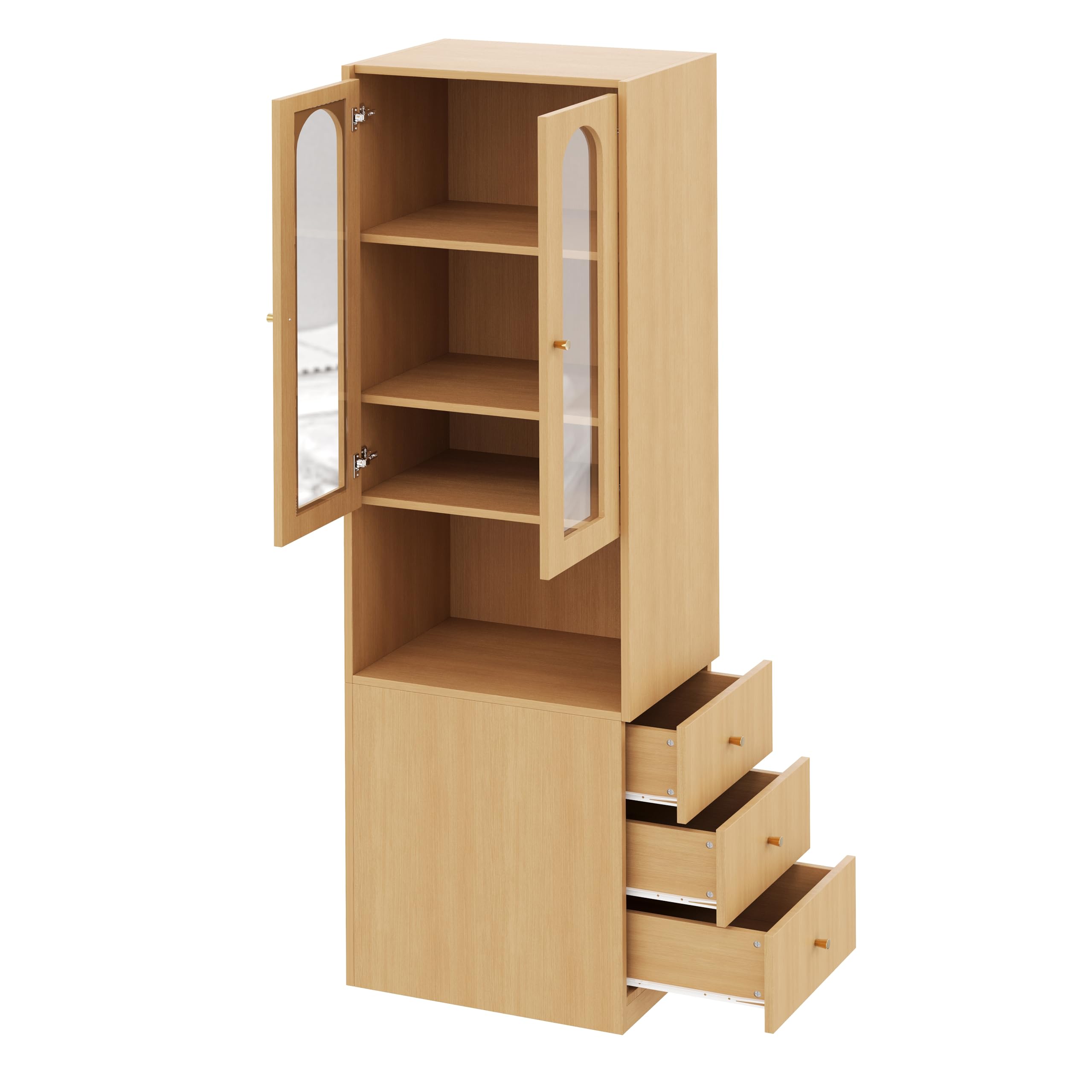 BTM Bücherschrank mit Glastüren, Vitrinenschrank mit LED & Schubladen Schmal Hochschrank Schrank Wohnzimmer, Holzoptik