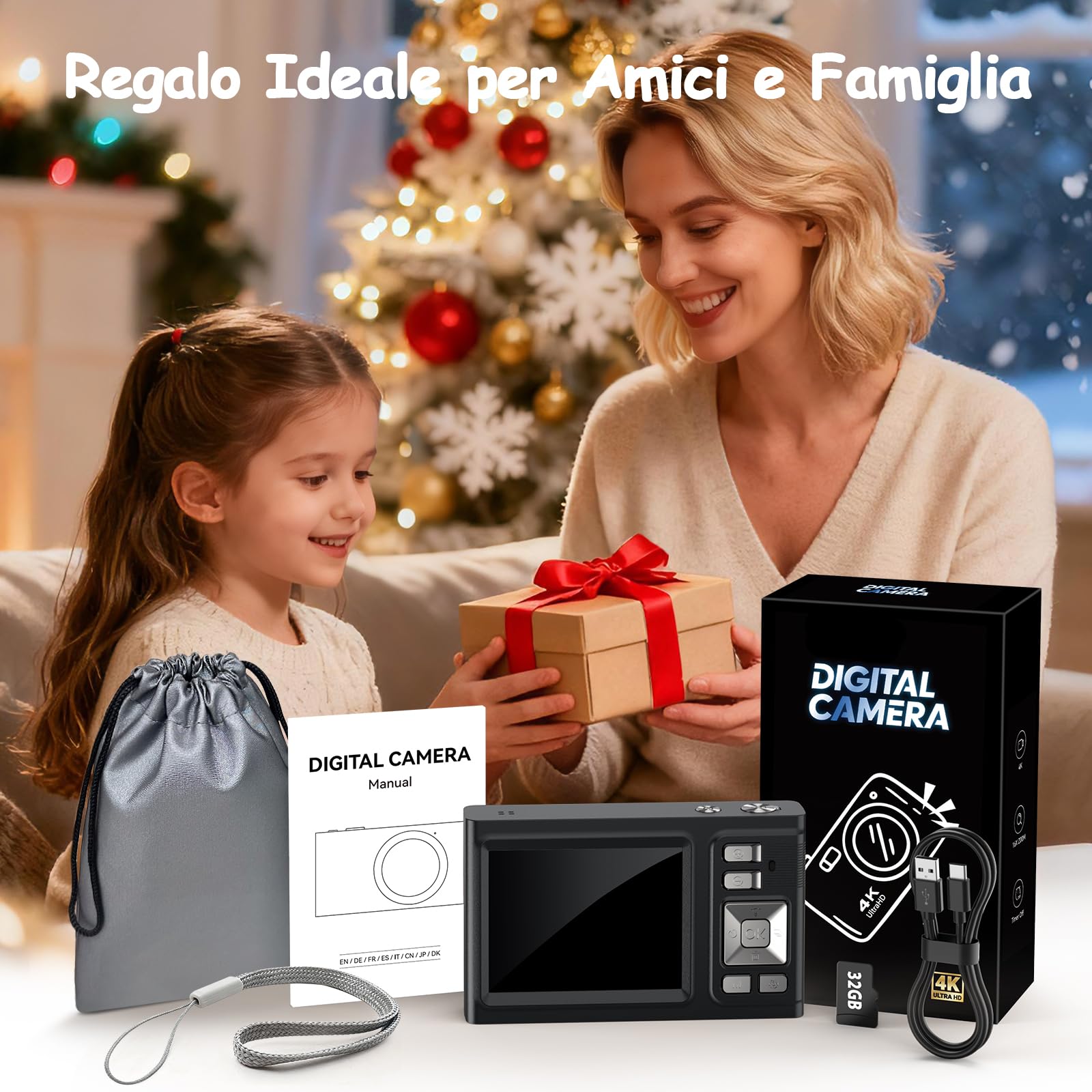 Macchina Fotografica, Digitale Compatta 16X, 4K Fotocamera Digitale con Scheda TF da 32GB, Perfetta per Fotografi Principianti, Appassionati e Adolescenti, Compleanni-Nero