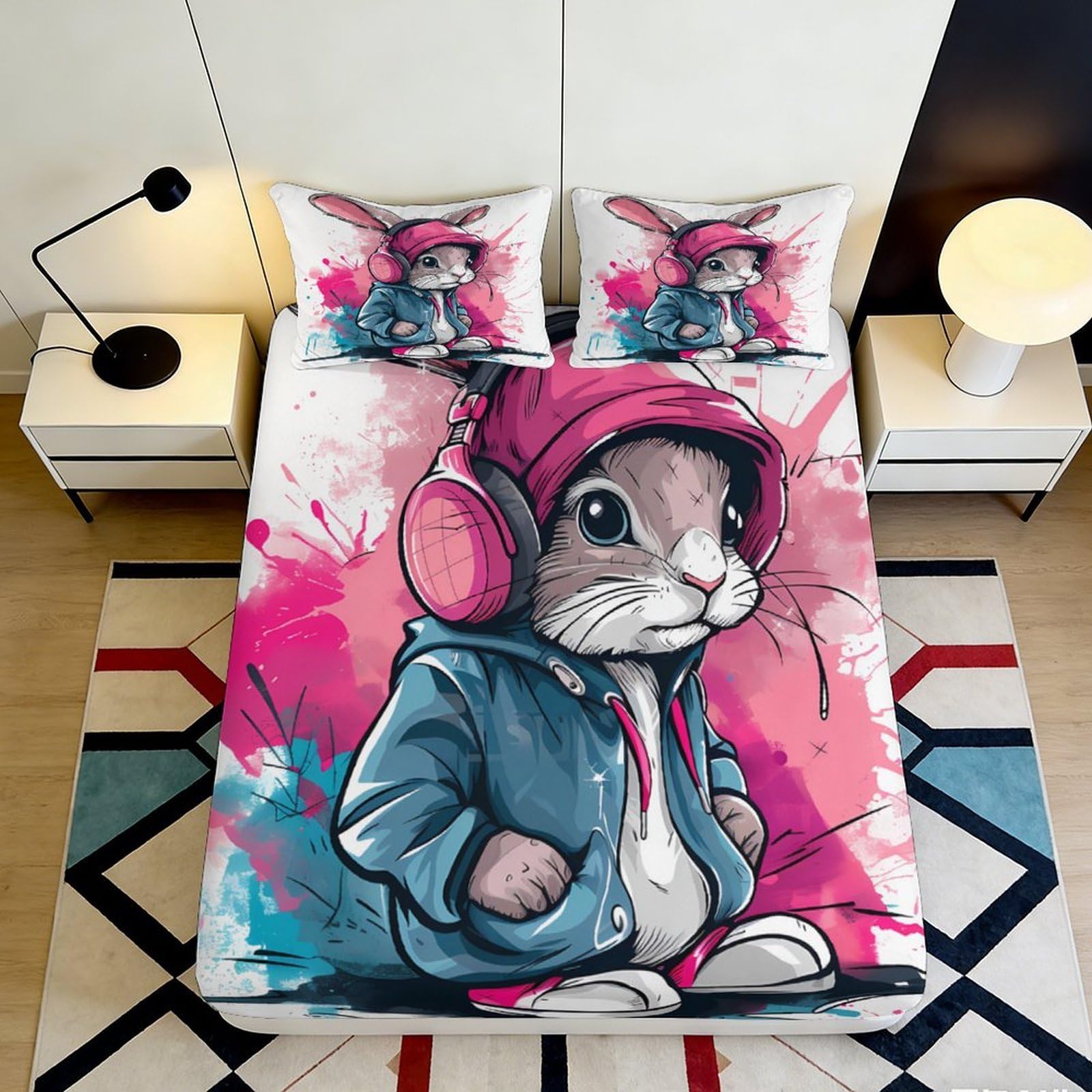 3D Printed Cartoon Rabbit Fitted Sheet Microfiber Pink Blue Graffiti Bed Cover for Bedroom Teen Dorm Mattress Decor 200x200x25cm