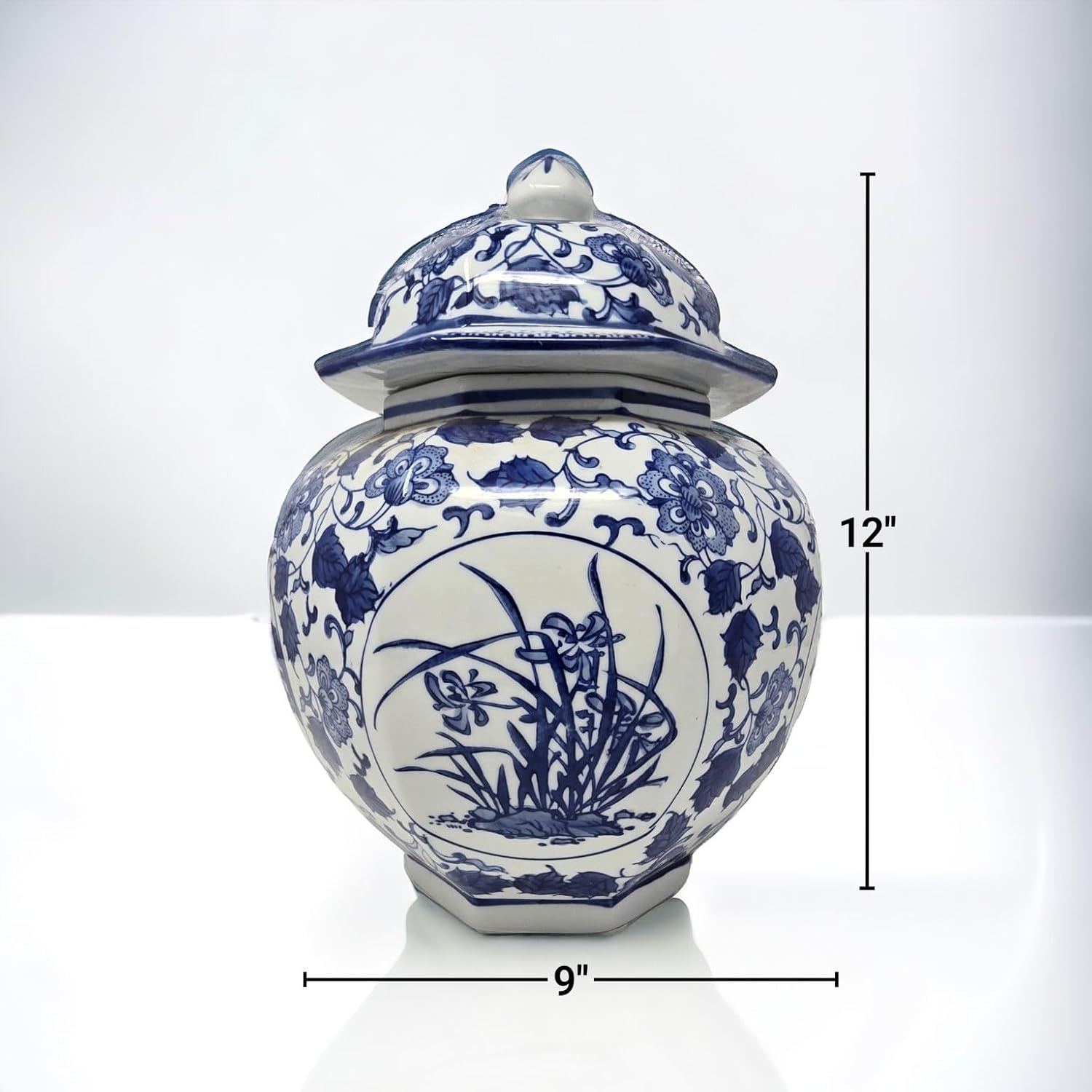 Festcool Blue and White Porcelain Ceramic Covered Jar Vase, Plum, Orchid, Bamboo Chrysanthemum, Jingdezhen(J18), Festcool, 12In