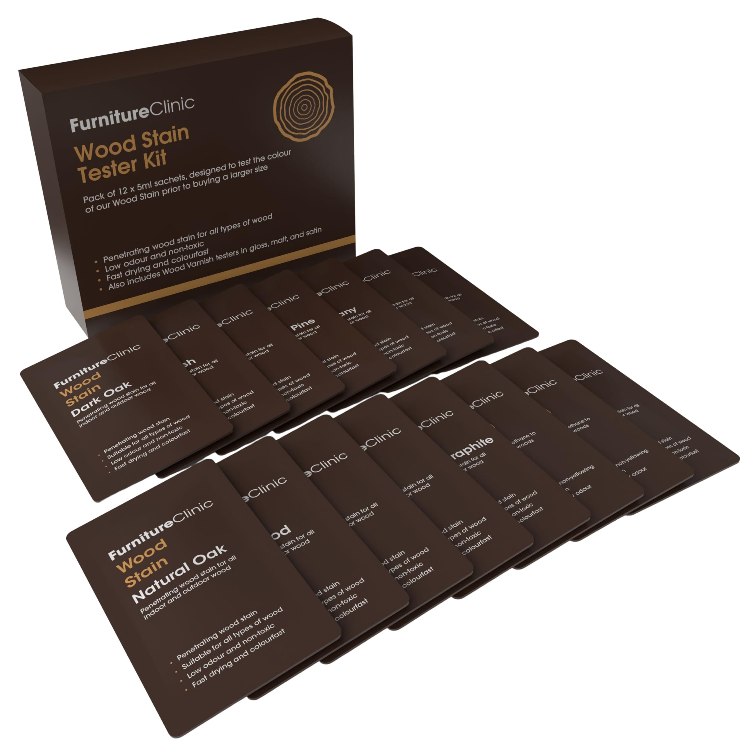 Furniture Clinic Wood Stain (Tester Kit) – Fast Drying, Highly Concentrated, and Easy-to-Apply Wood Stain for All Indoor & Outdoor Wood – Water Based & Non-Toxic – 12 Colours – Packaging May Vary