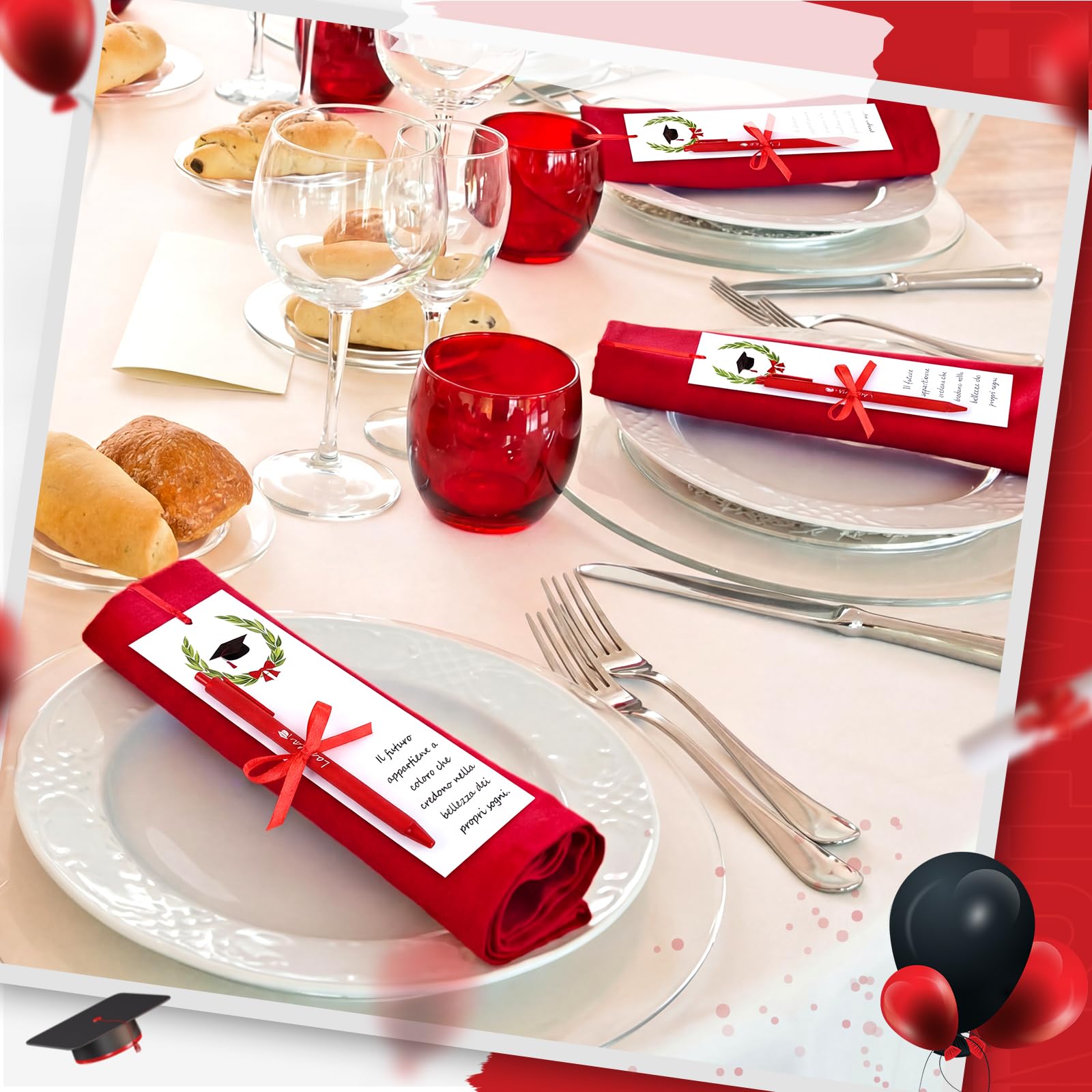 BBTO 50 Set Regalo Laurea 50 Segnaposti Segnalibri Laurea Bigliettini Bomboniera 50 Penna a Sfera Rossa con 1 Rotolo di Nastro Rosso Gadget Addobbi Decorazione Tavolo Inviti Classe Insegnanti Finire