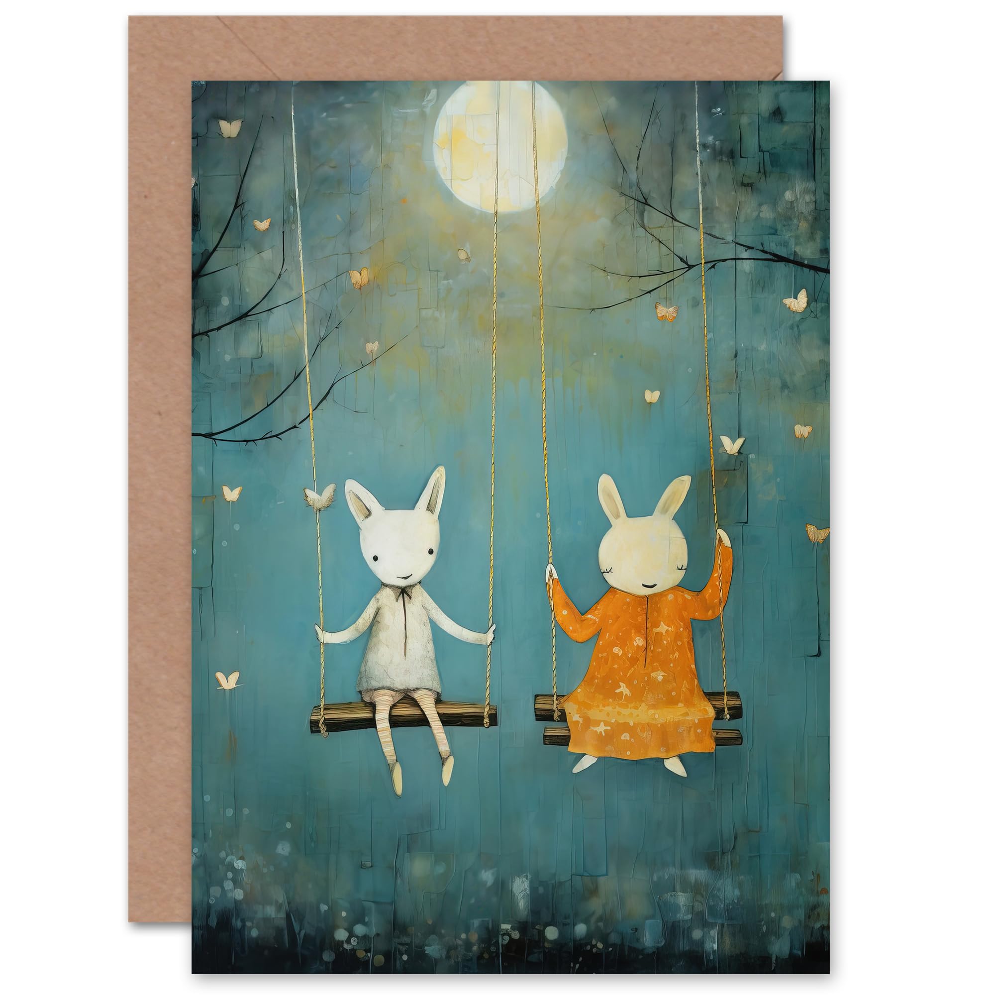Artery8 Rabbits on a Swing with Moonlit Butterflies for Child Children Kids Birthday Thank You Congratulations Blank Art Greeting Card