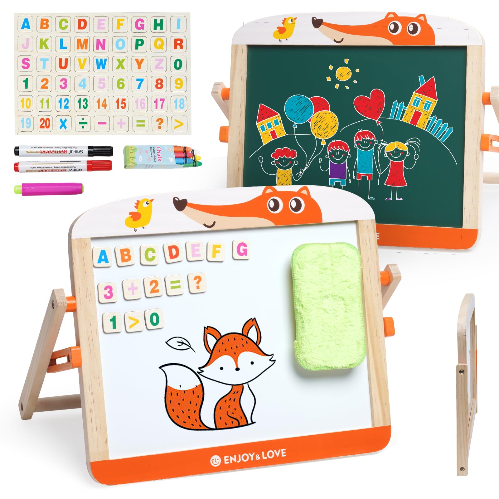 Wooden Art Easel Tabletop Drawing Board 3-in-1Double-Sided Whiteboard Chalkboard Portable Desktop Easel Dry Eraser Easel Set for Toddlers Kids 3 4 5 6 7 8