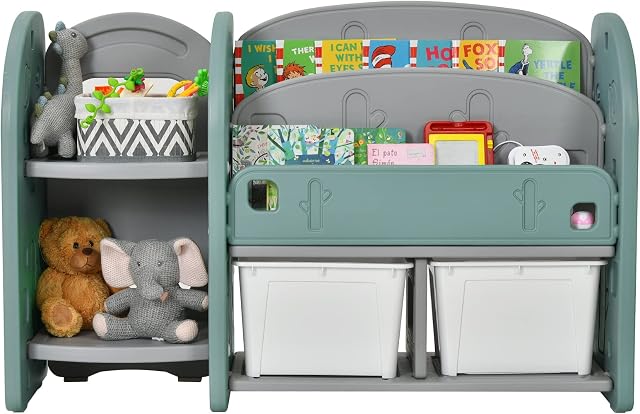 GYMAX Kids Storage Bookshelf, 3-Tier Children Bookcase with 2 Detachable Bin & 2 Open Shelves, Toy Organizer for Playroom, Living Room and Bedroom (Green+Grey)