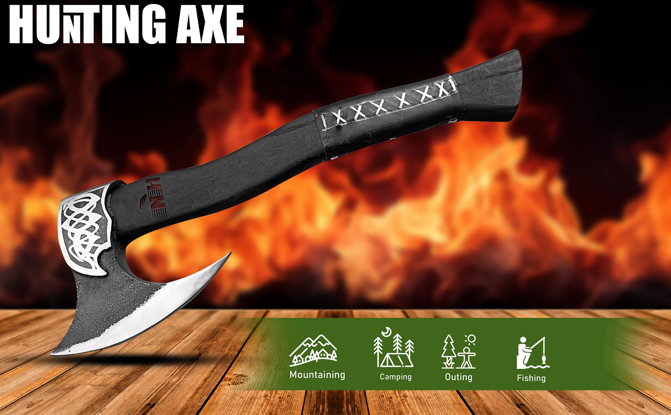 NovaHaven Handgefertigte Dekorative Axt – Klinge aus Kohlenstoffstahl mit Eschenholzgriff – Verschiedene Klingendesigns mit Ledergriff – Inkl. Schutzhülle – 4 Varianten (Curved Blade)