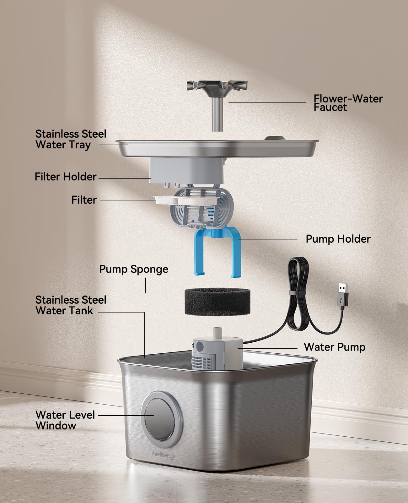 2.8L Fuente para Gatos Acero Inoxidable con 3 Filtros, FEELNEEDY Bebedero Gatos Ultra Silencioso, Filtración de Cuatro Capas, Fácil de Limpiar, Apta para Lavavajillas