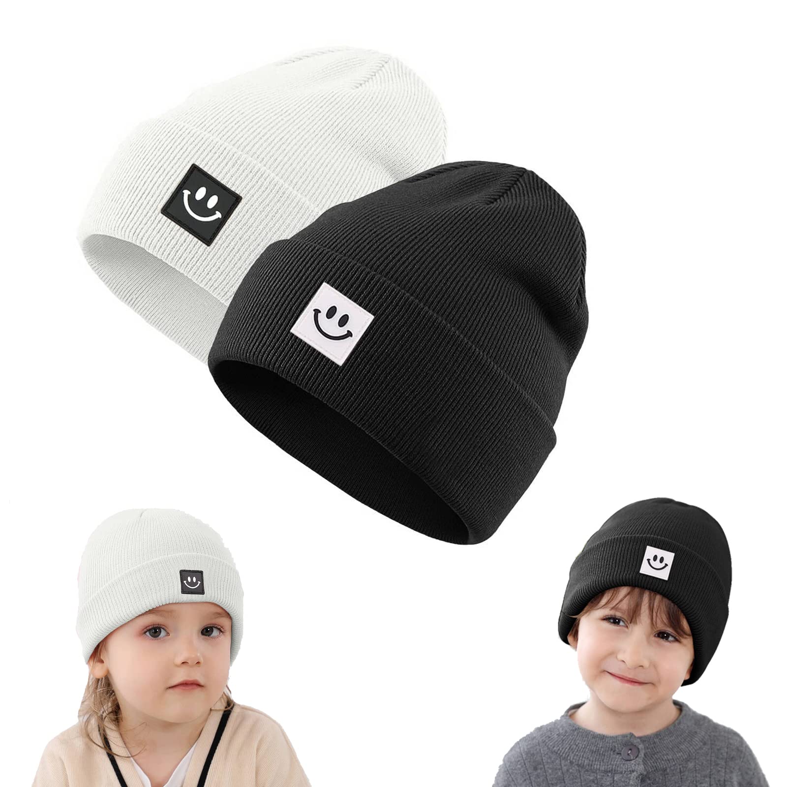 2 Pack Baby Winter Hat Soft Warm Knitted Beanie Hat with Cute Smile Face Beanie Cap for 3-8 years old Boys Girls