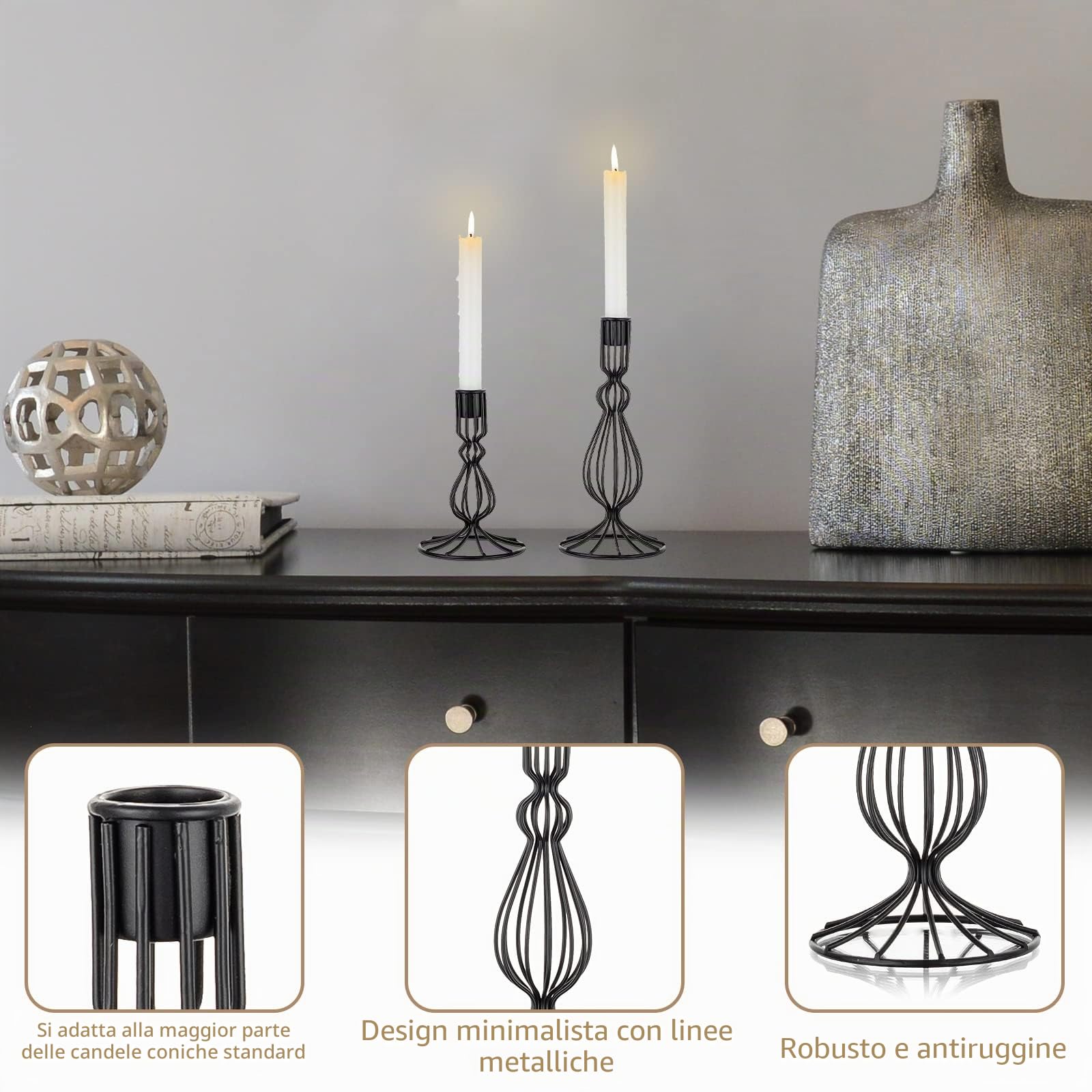 Sziqiqi Portacandele in Metallo Geometrico - Set di 2 Candelabro Moderno in Ferro Nero Candelieri Candelabri Centrotavola Decorativo per Soggiorno Festa Natale Halloween Tavolo da Pranzo