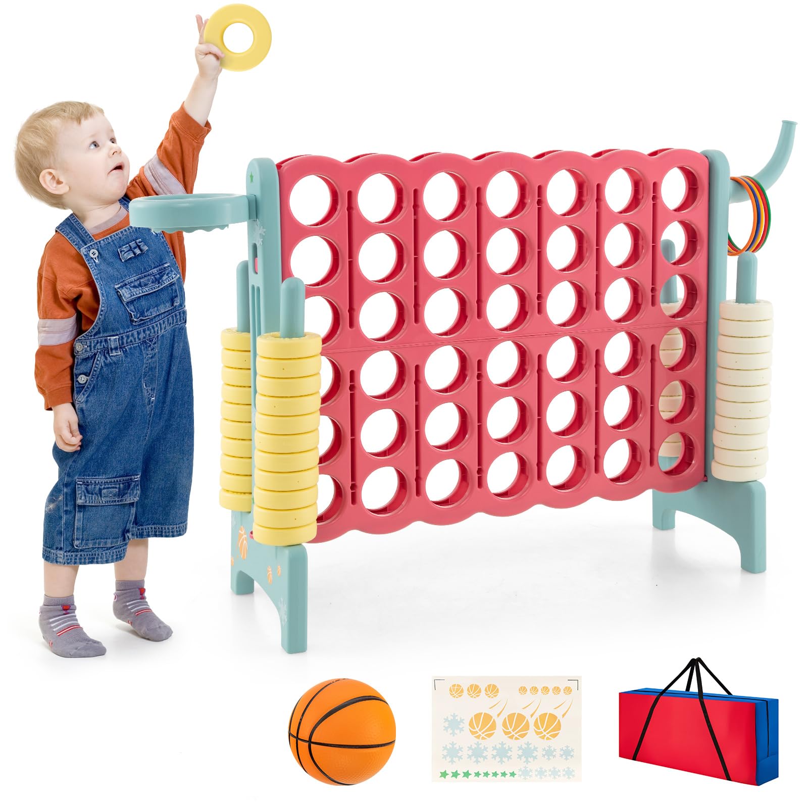 GYMAX Gioco Gigante 4 in Fila, Set di Gioco 4-to-Score con Canestro e Anello da Lancio, 42 Anelli di Facile Presa, Leva di Reset Rapido, Set di Gioco per Interni ed Esterni (Rosso E Verde)