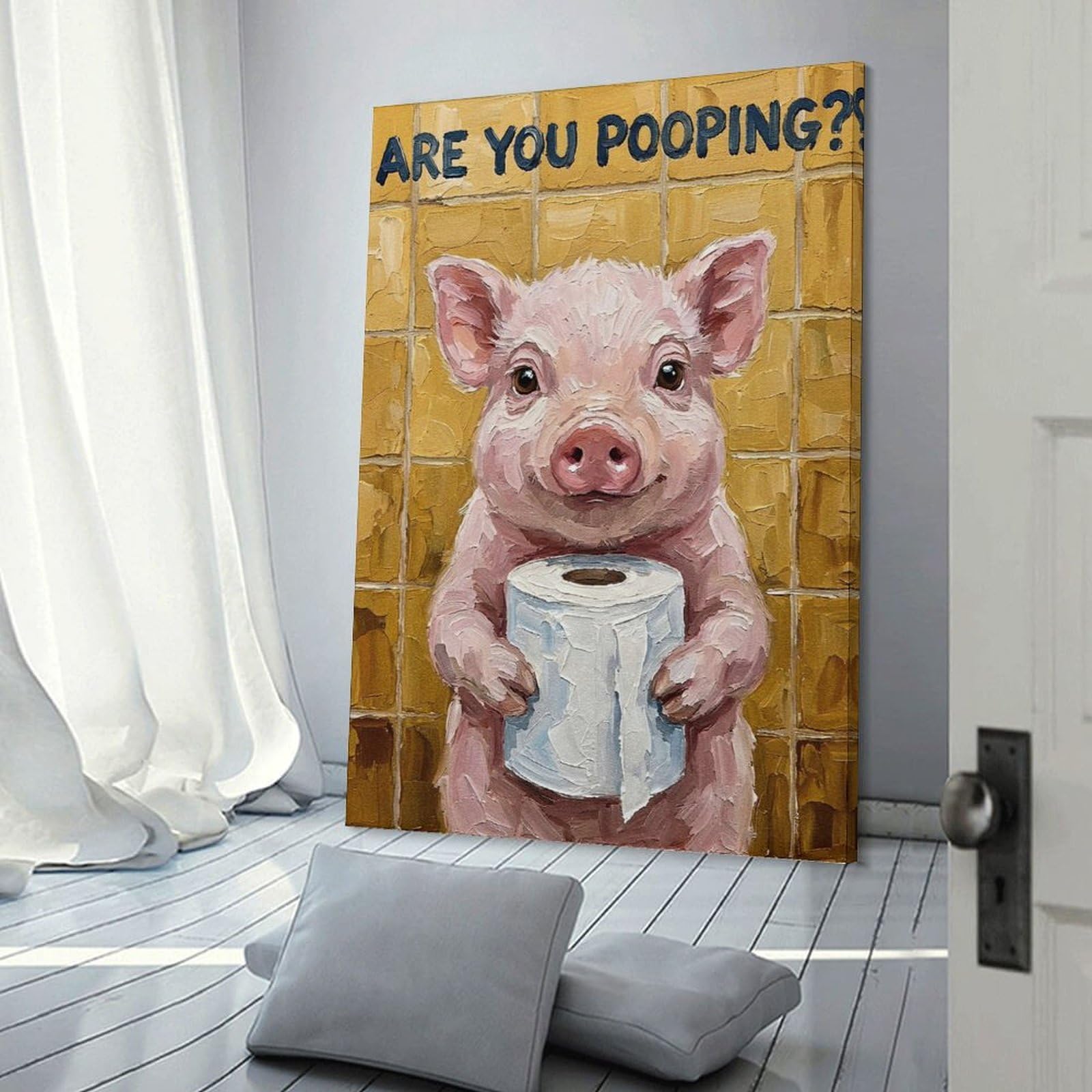 Junmoney Frame-Style-18 Pig With Toilet Paper Painting Canvas Wall Art 24X36inch(60X90cm), For Workspace Walls, Study Corners Or Bedrooms, Wall Art That Adds Style To Work Areas