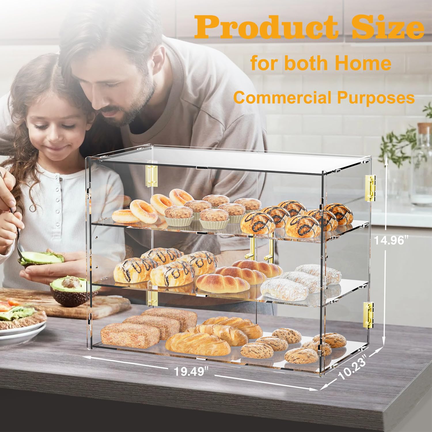 Présentoir de comptoir en acrylique pour boulangerie à 3 niveaux avec porte auto-élastique, 49,5 x 37,8 x 26,2 cm, boîte de présentoir alimentaire en acrylique pour pâtisserie, idéal pour le