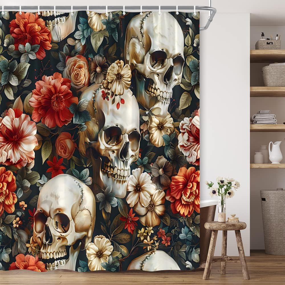 Skull Flower Shower Curtain Vintage Sugar Skeleton Bone Red Floral Gothic Spooky Halloween Polyester Fabric Bathroom Decor 108×70 Inch with Hook