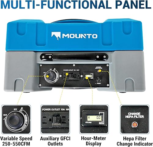 Miniatura 4 de MOUNTO Limpiador de aire industrial Hepa de 550 cfm, purificador de aire portátil de 550 cfm con velocidad variable, salida doble para restauración