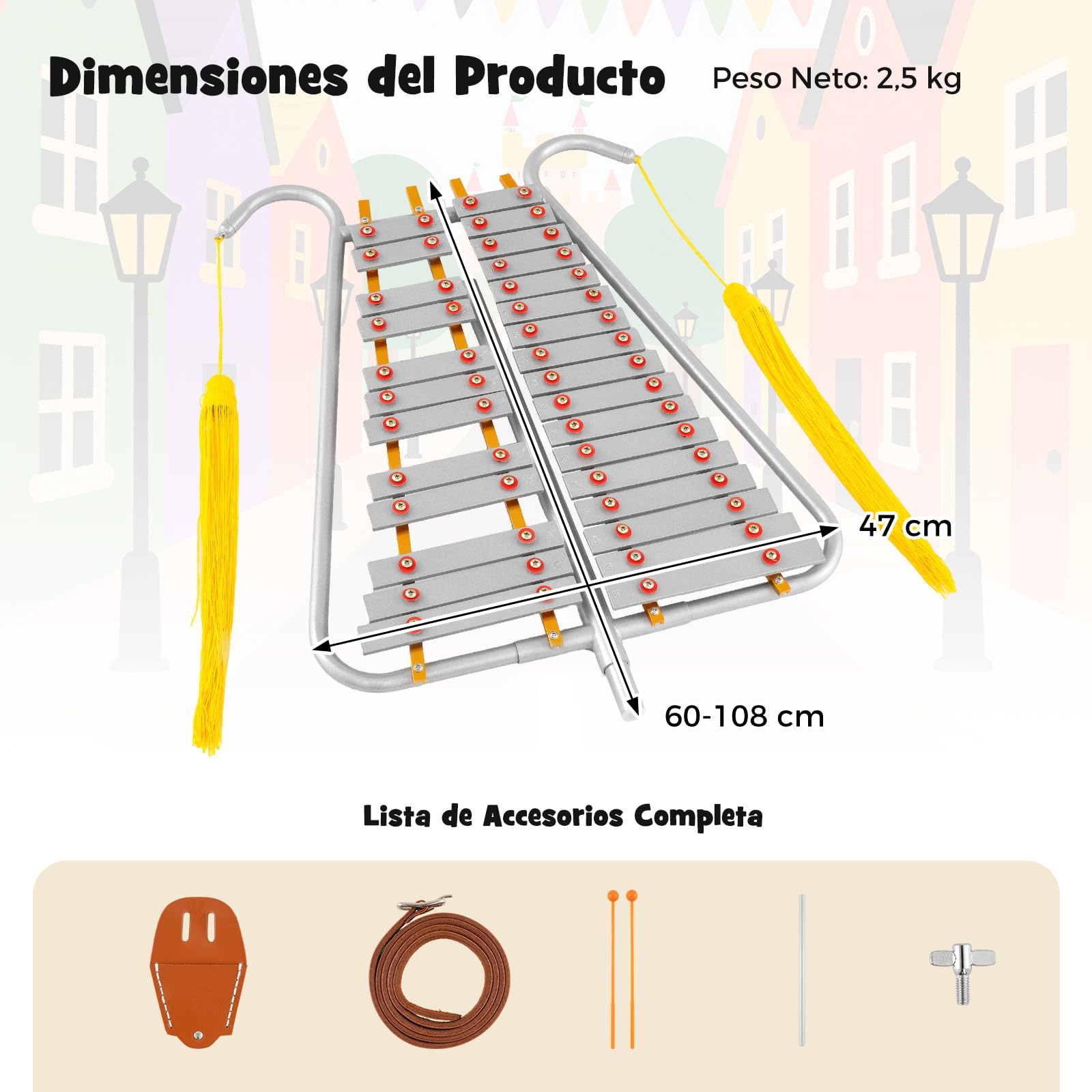 GOPLUS Glockenspiel de Marcha, Lira de Campana de 29 Notas para Banda de Marcha con Teclas de Aluminio, Longitud Ajustable, Correa de Cintura, 2 Mazas, Kit de Instrumento de Percusión para Desfile