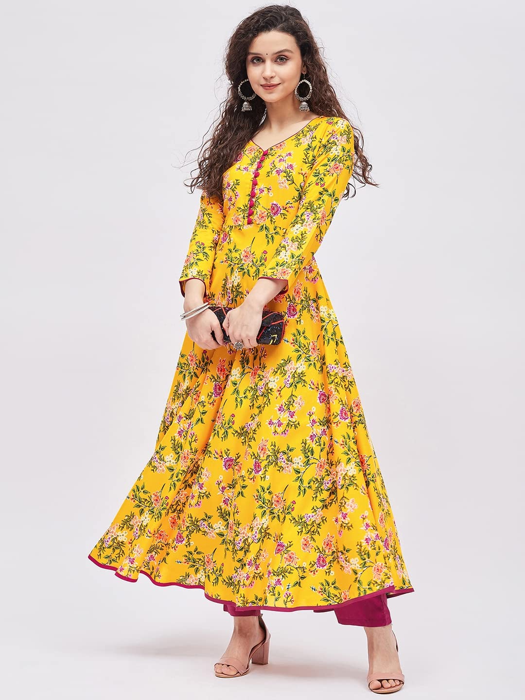 Tissu Women's Rayon Yellow & Rani Floral Printed A-Line Kurta 2211_Yellow_8Xl