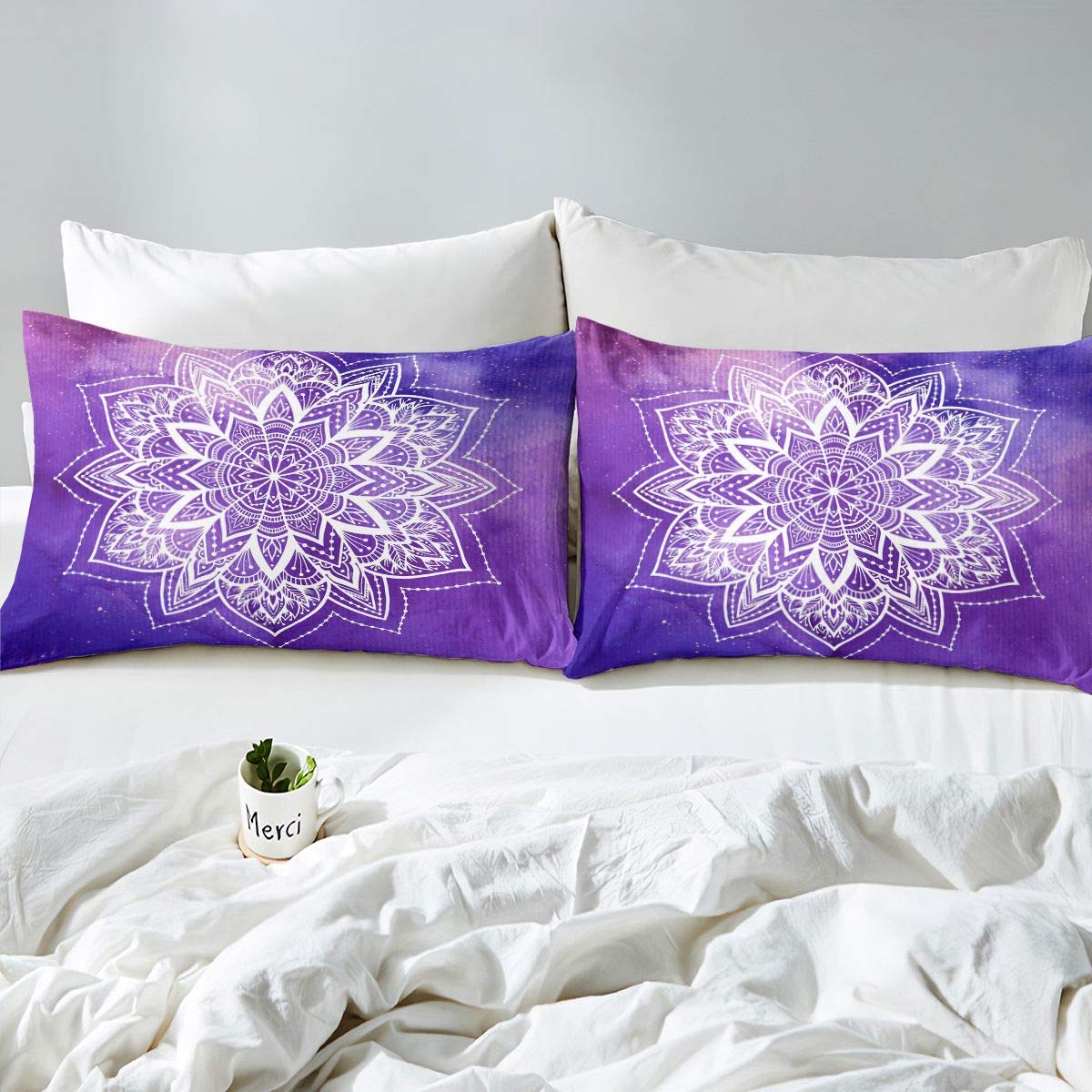 Feelyou Boho Mandala Bed Sheet Set - Queen Size Fitted Sheet & 2 Pillowcases, Blue White Bohemian Print