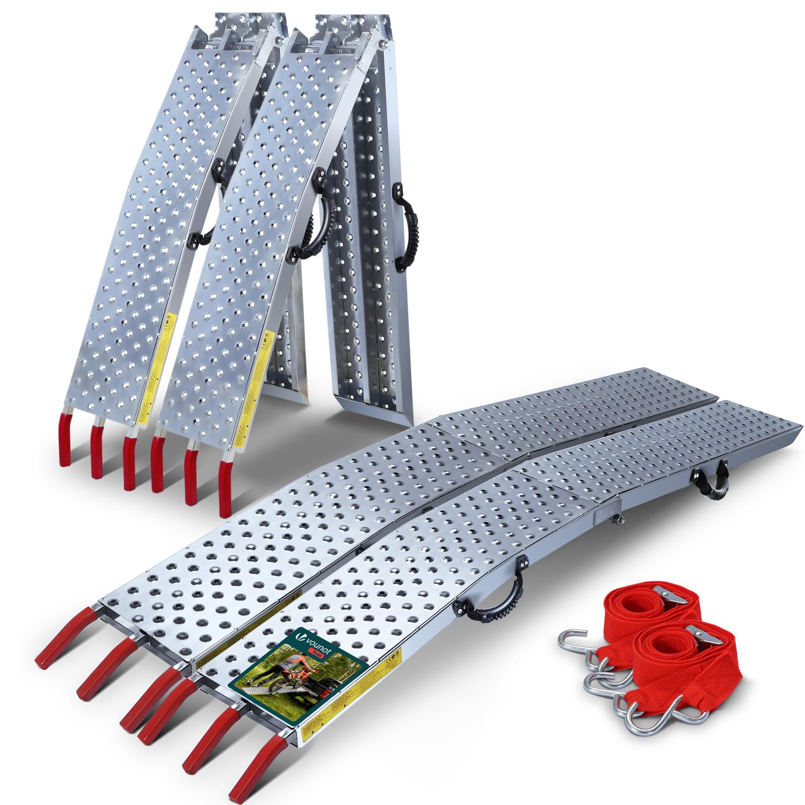 VOUNOT® Set of 2 Loading Ramps, Heavy Duty Foldable Galvanized Metal Ramps Non-Slip with Hook Safety Straps for Van, Lawnmower, ATV, Quad Motorcycle, 800 kg Max Loading